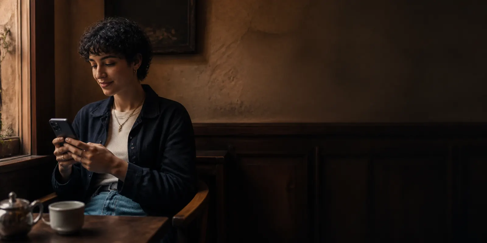 Person sitting in a café checking their phone