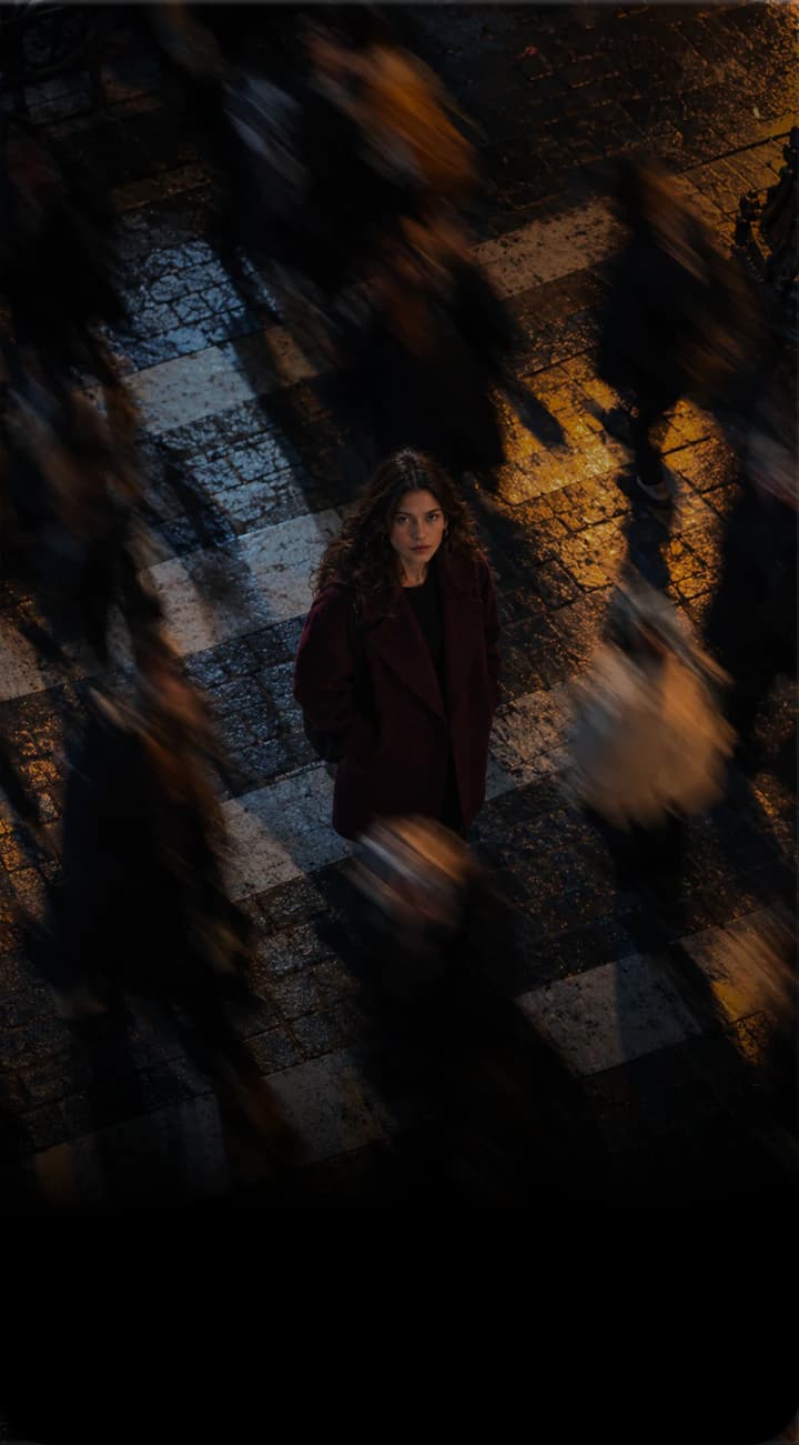 A woman standing still on a city square at night while the crowd around her blurs past