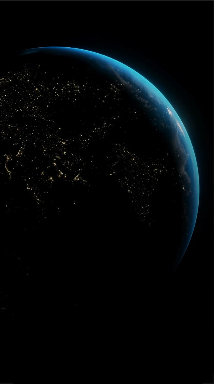 Earth seen from orbit at night, city lights spread across the dark side