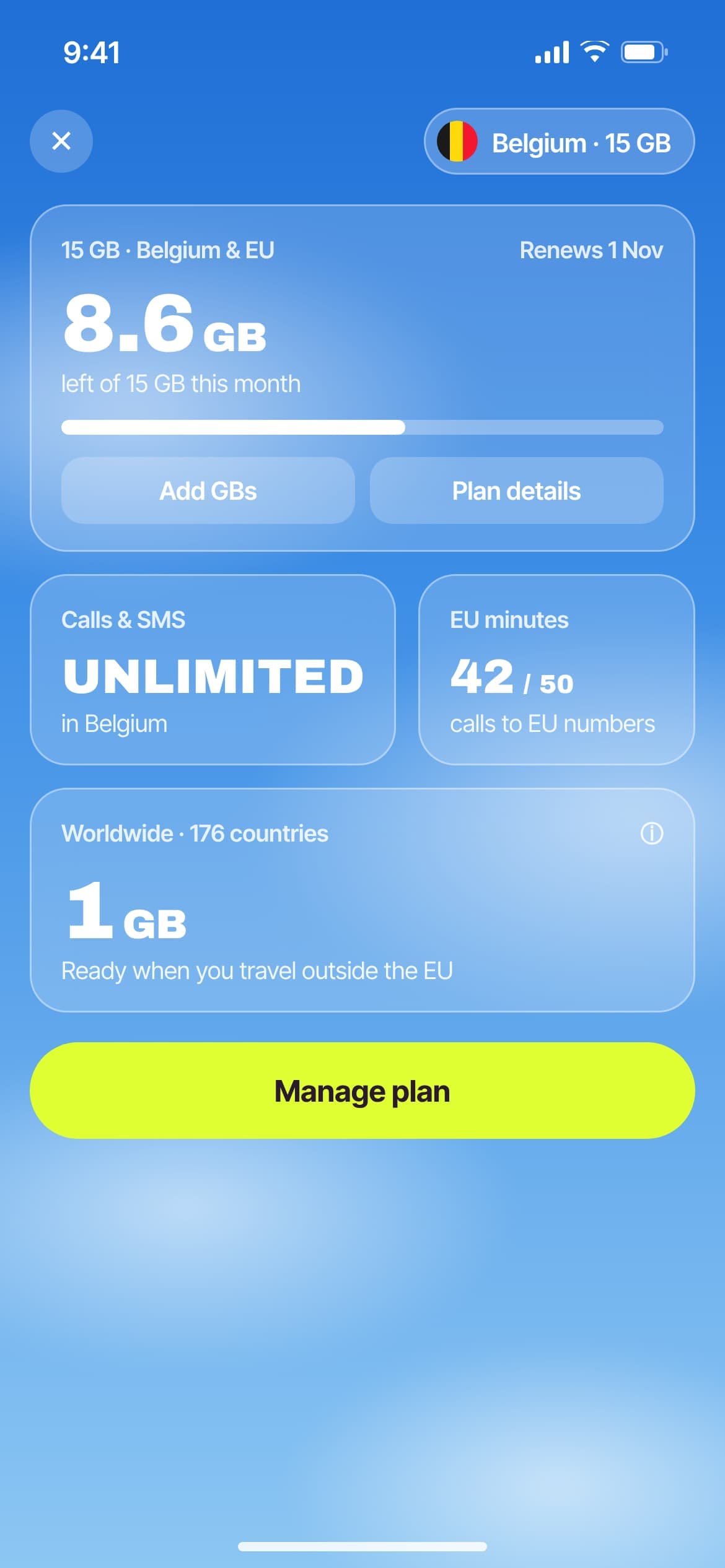 Mobile data plan overview showing 8.6 GB remaining of 15 GB in Belgium and EU, unlimited calls/SMS, with options to add GBs or view plan details.