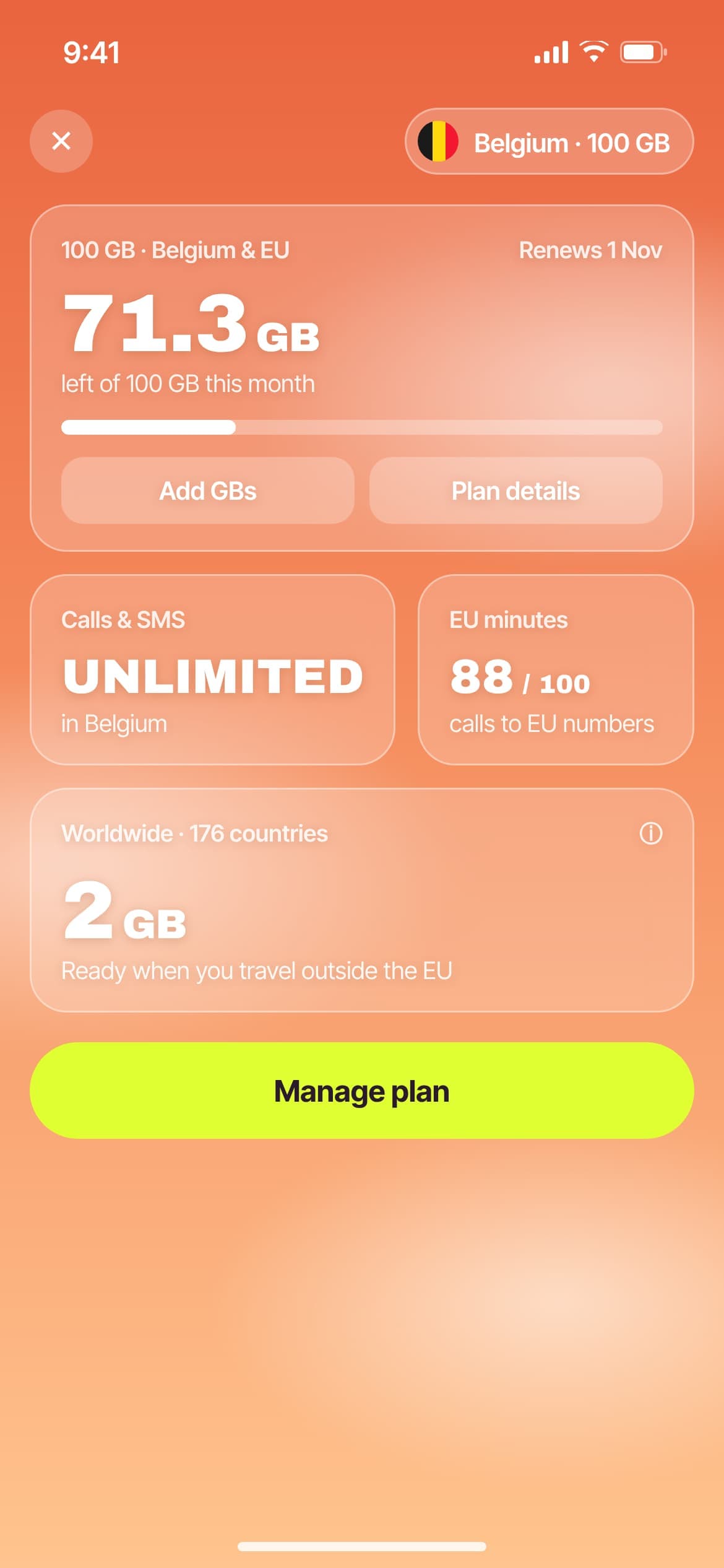 Mobile data plan overview: 71.3 GB left of 100 GB, unlimited calls/SMS in Belgium, 88/100 EU minutes used, 2 GB for traveling worldwide.