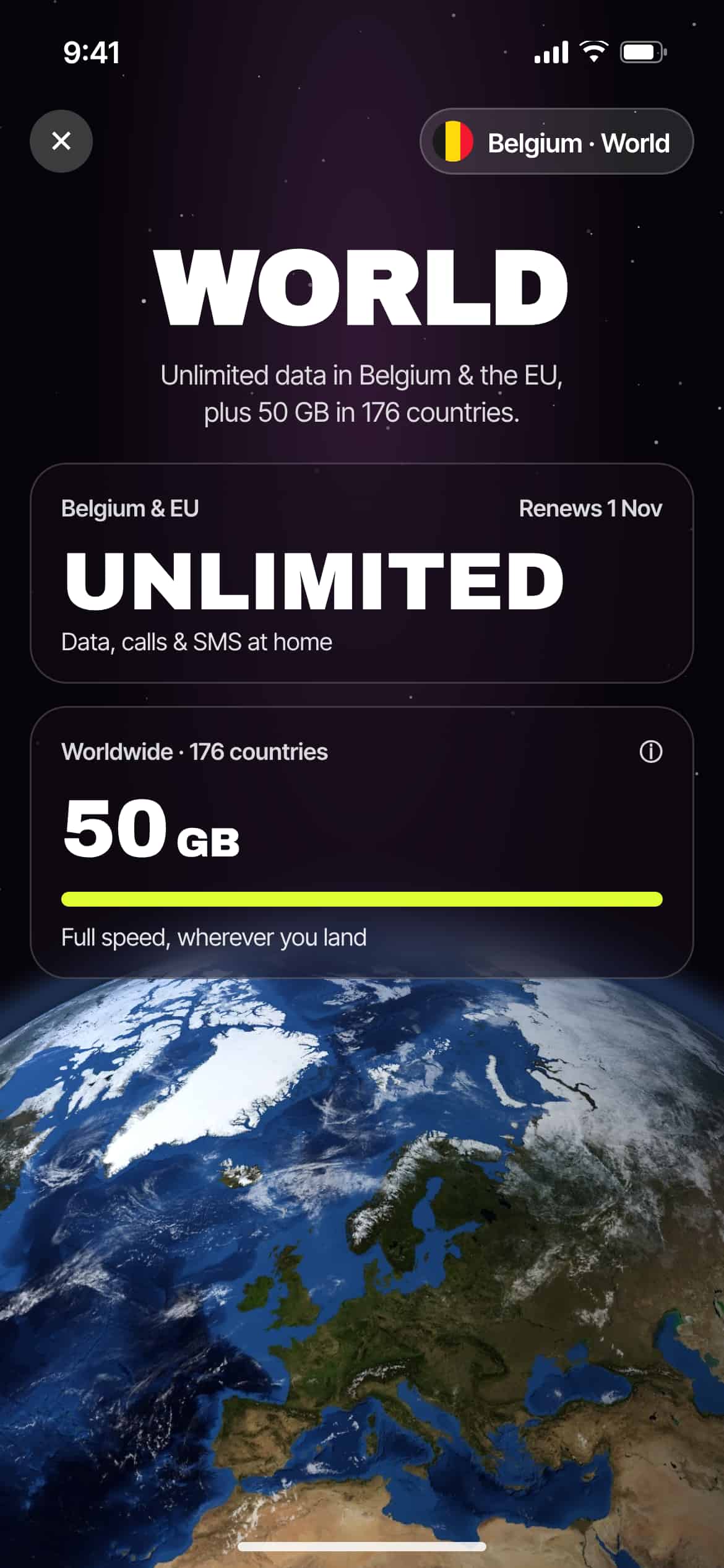 An advertisement for a data plan offering unlimited data in Belgium and the EU, plus 50 GB in 176 countries, shown over an Earth view.
