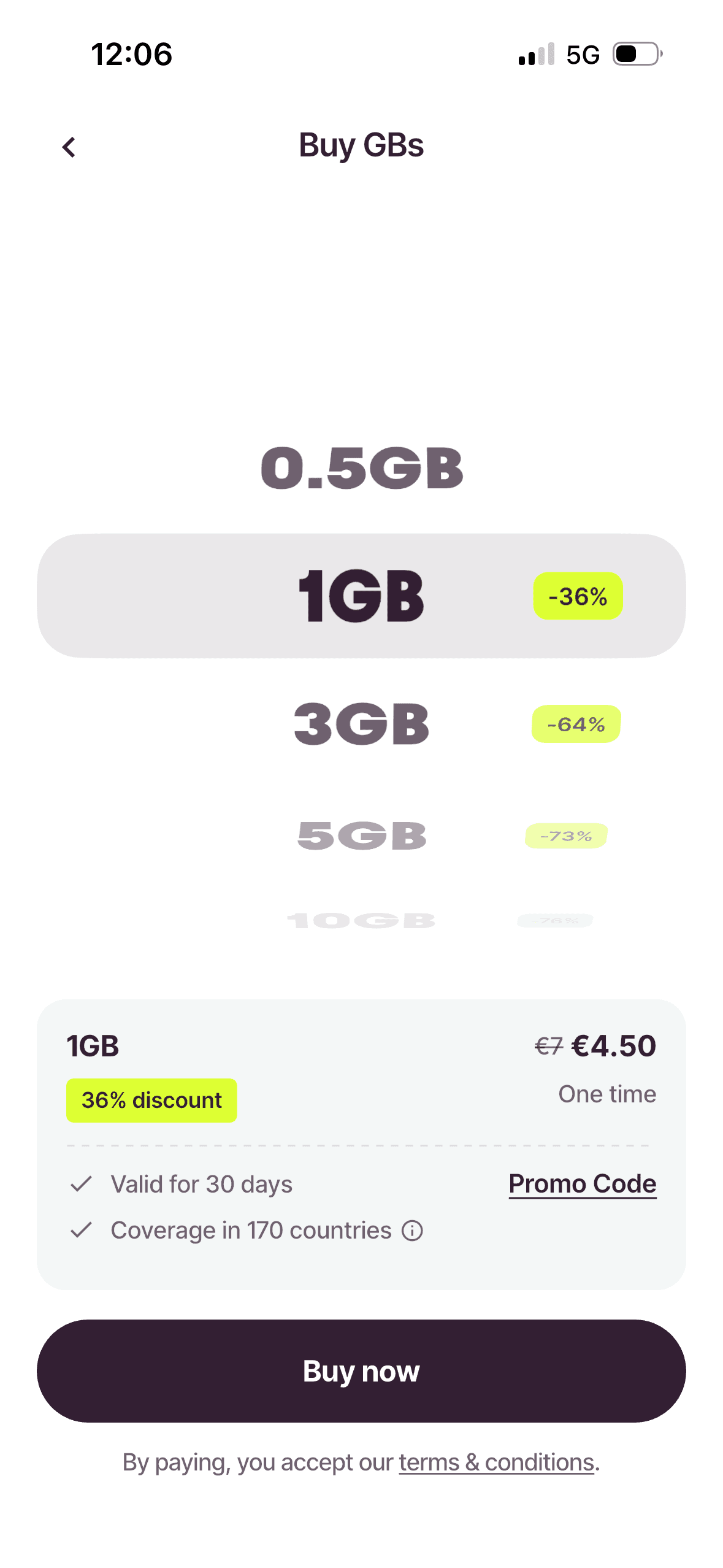 Firsty app Buy GBs screen showing data plan sizes and prices