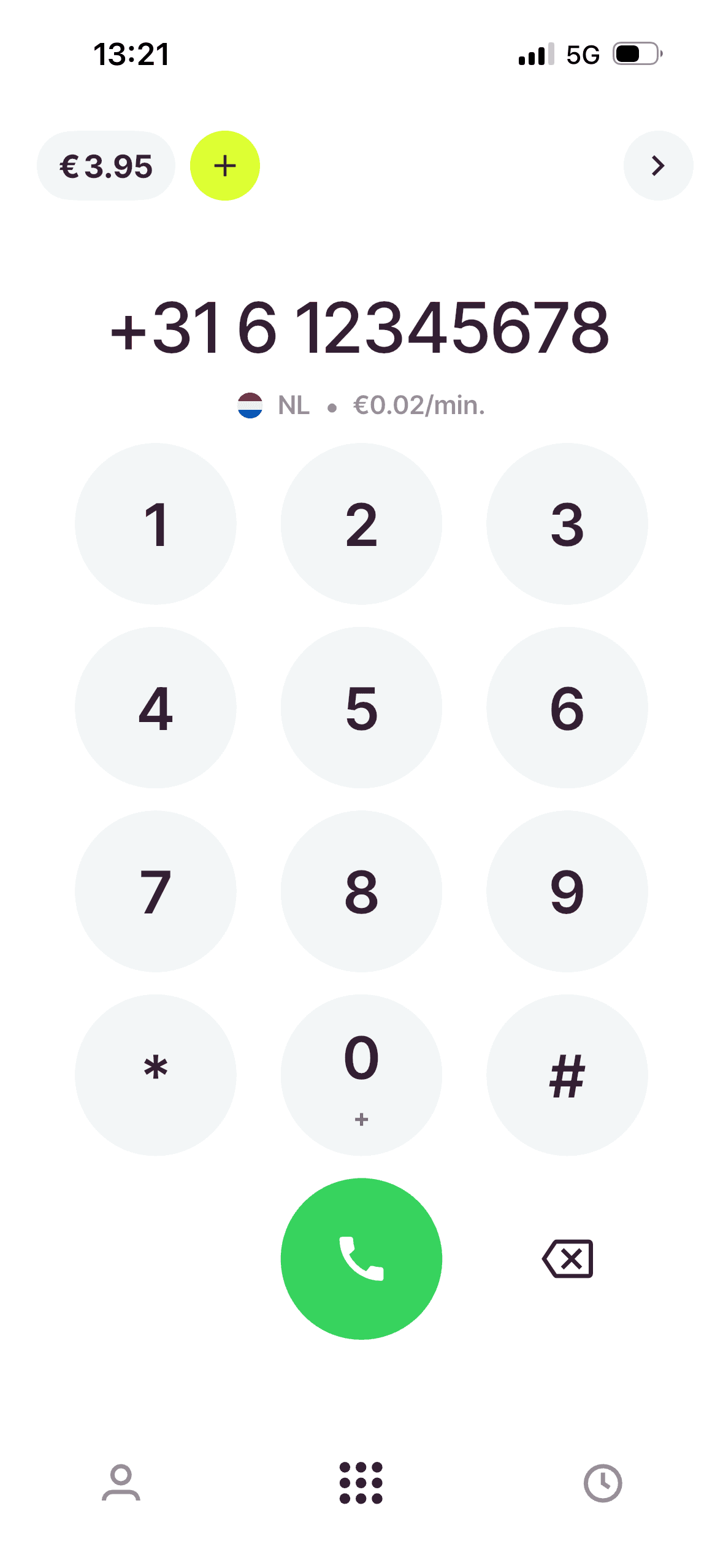 Firsty app dialer showing a call to the Netherlands at 0.02 euros a minute