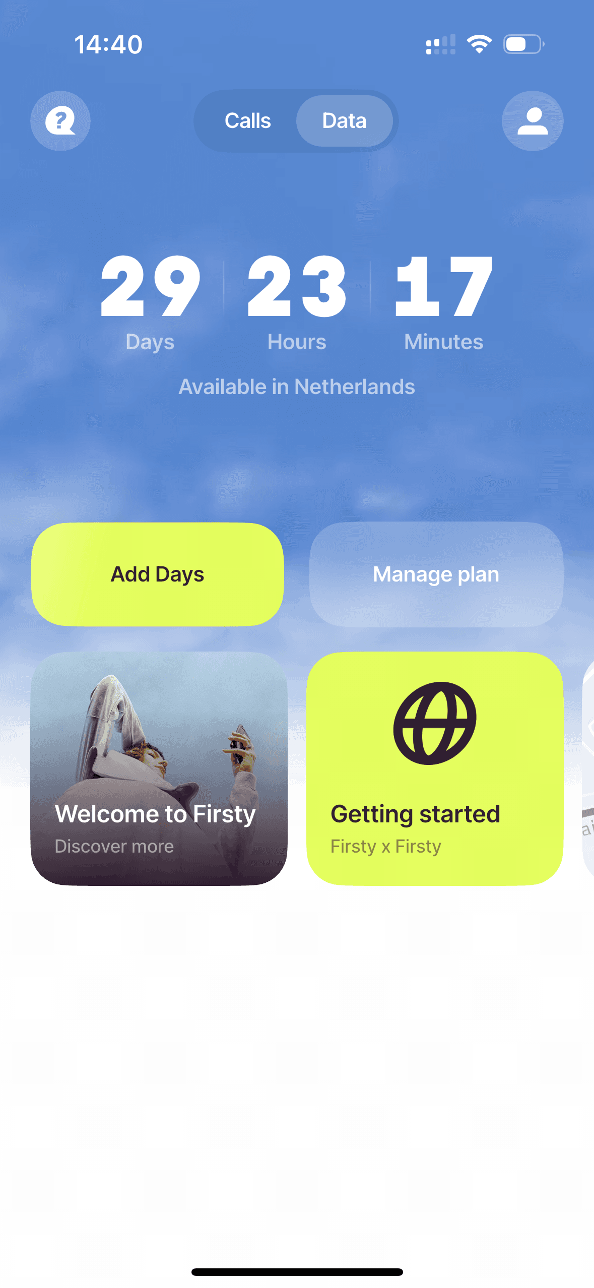 Firsty app showing days remaining on a data plan in the Netherlands