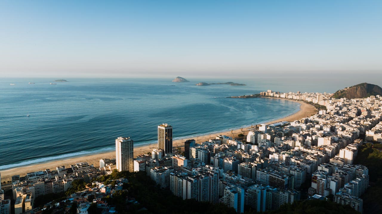 Panoramic view of Copacabana Beach and high-rise buildings along the coastline in Rio de Janeiro under clear blue sky