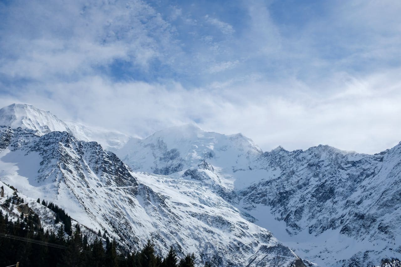 Snow-capped mountain peaks in winter