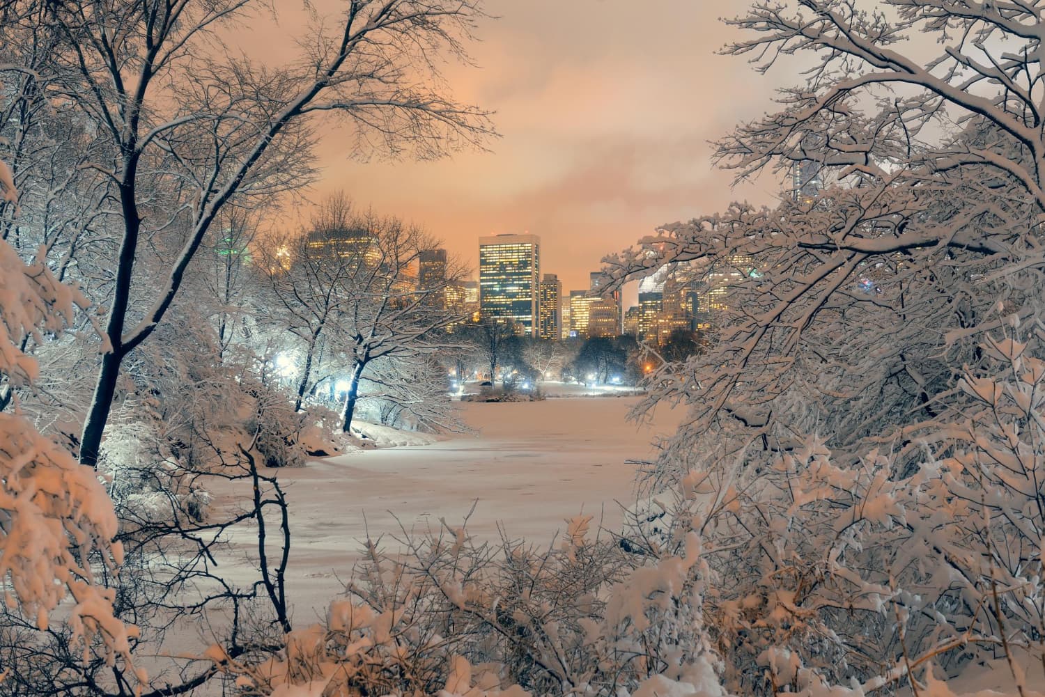 Snow-covered trees frame a view of a frozen lake with city skyscrapers illuminated under a cloudy, orange-tinted sky in the background.