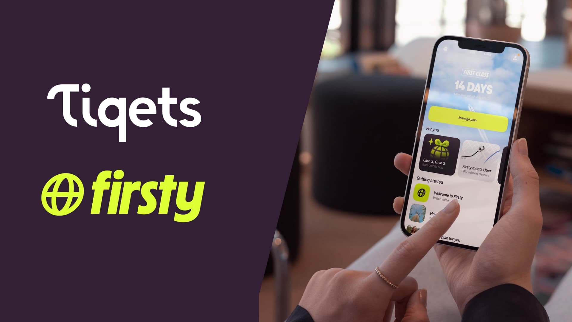 Tiqets and Firsty partnership announcement with the Firsty app on screen