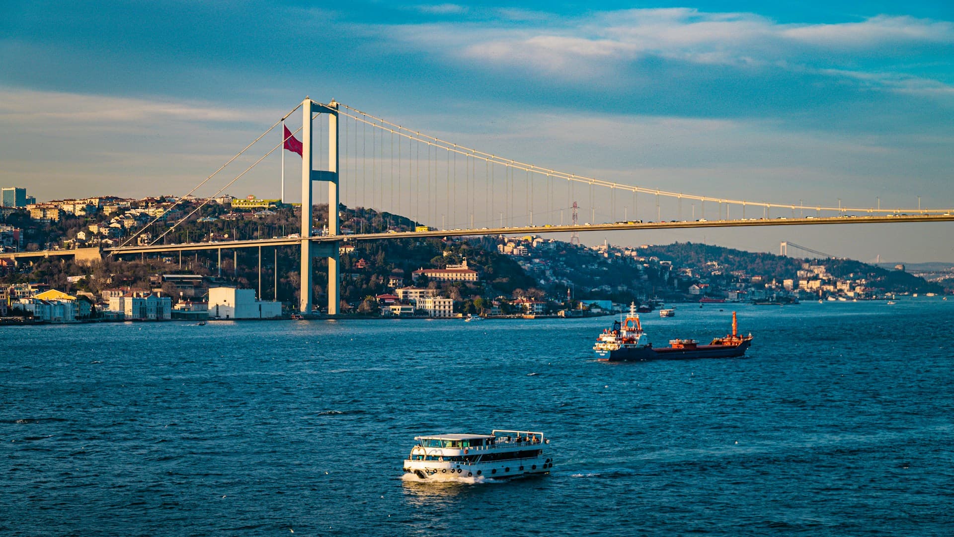 Bosphorus Bridge and boats on the water in Istanbul, Turkey