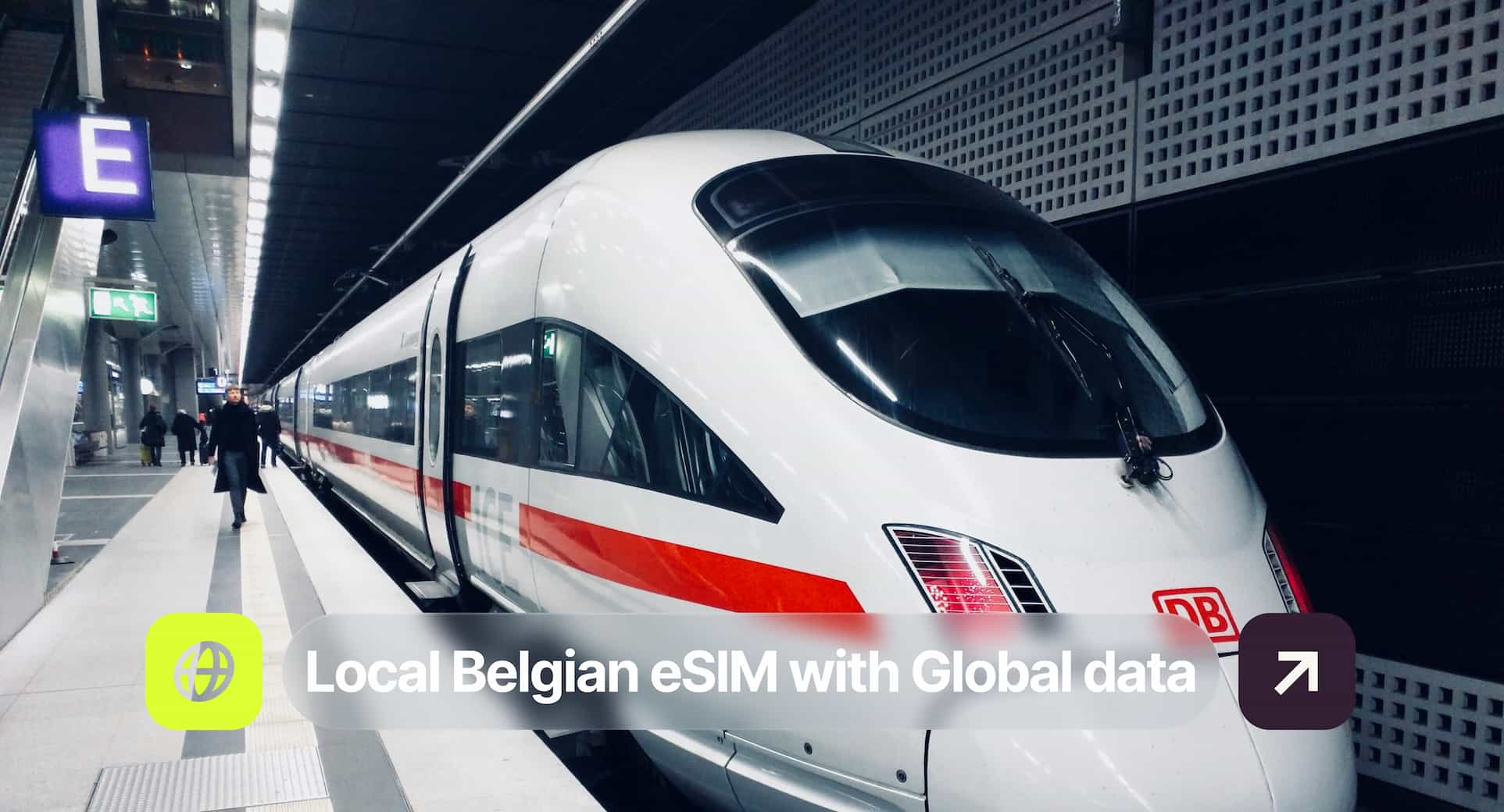 A sleek white and red high-speed train is stationed at a modern platform under bright lights, with a digital ad overlay for a Belgian eSIM service.