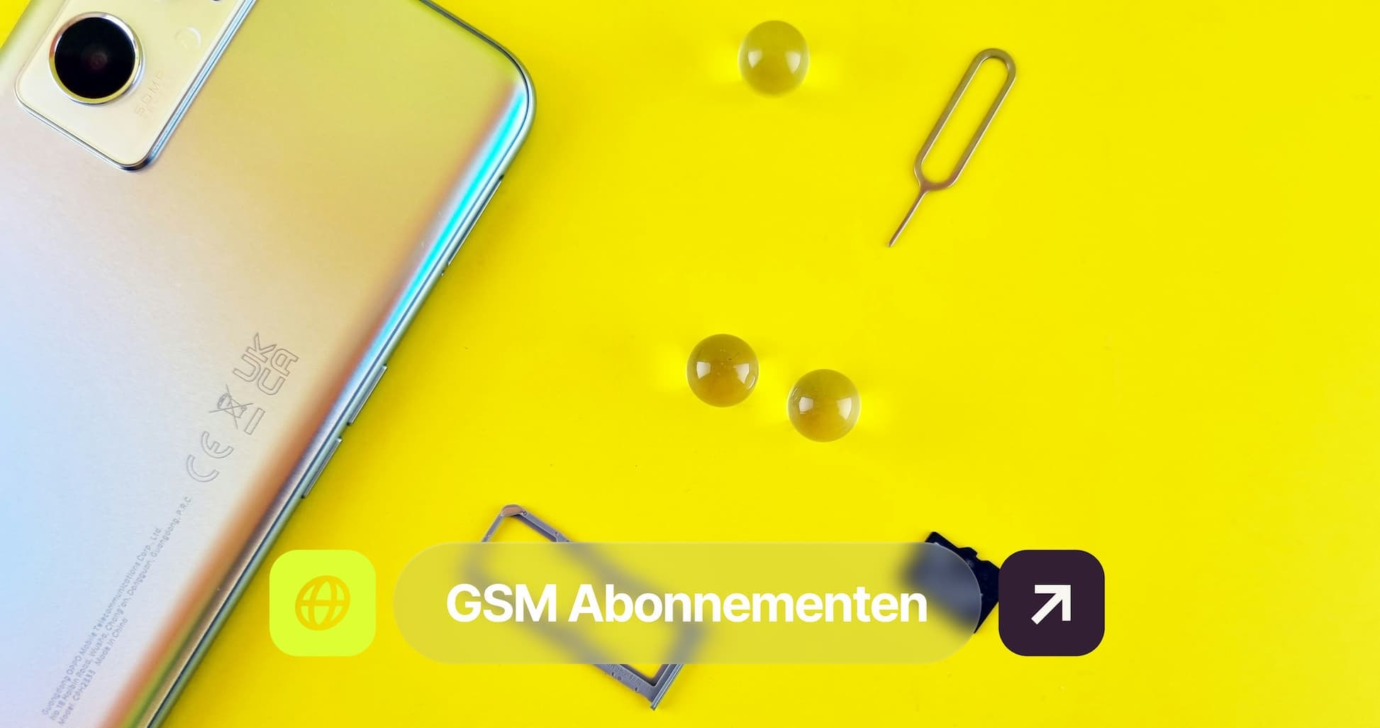 Smartphone on yellow background with SIM card ejector, SIM tray, marbles, and "GSM Abonnementen" text overlay.