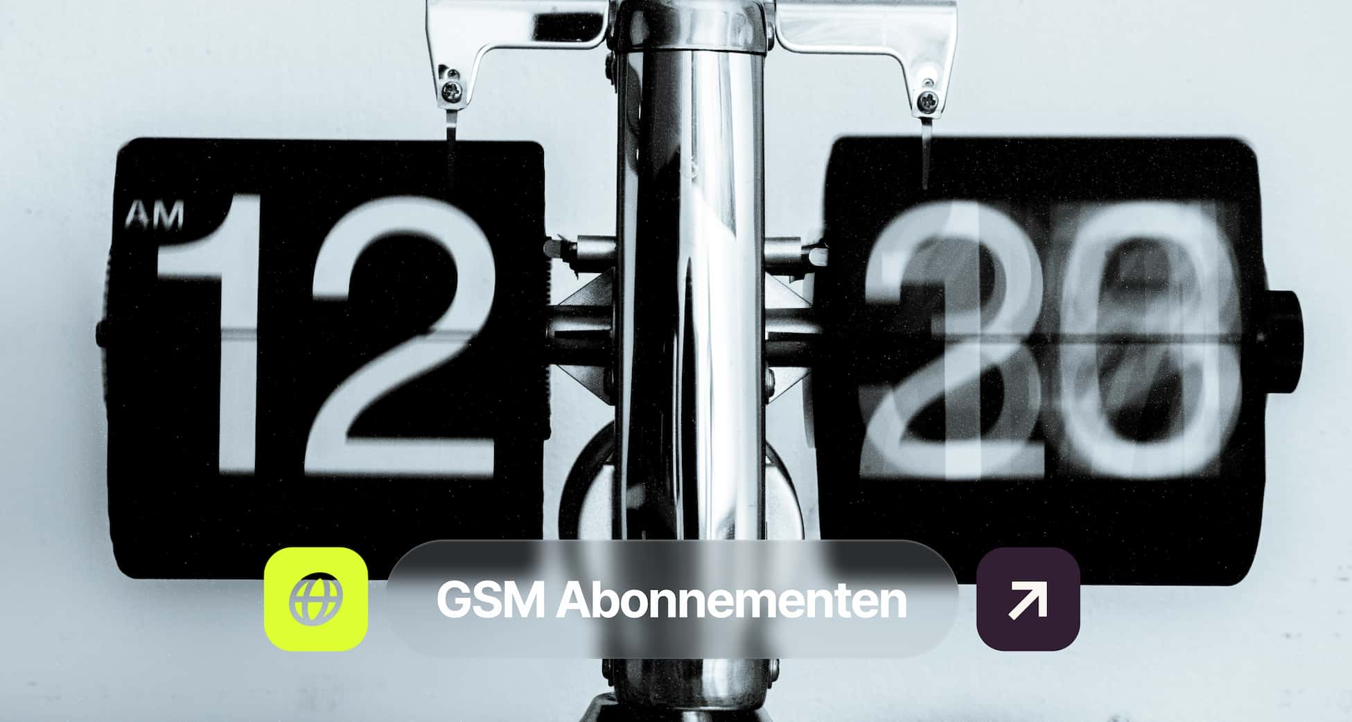 A flip clock showing 12:28 AM with the text "GSM Abonnementen" and icons beneath it.