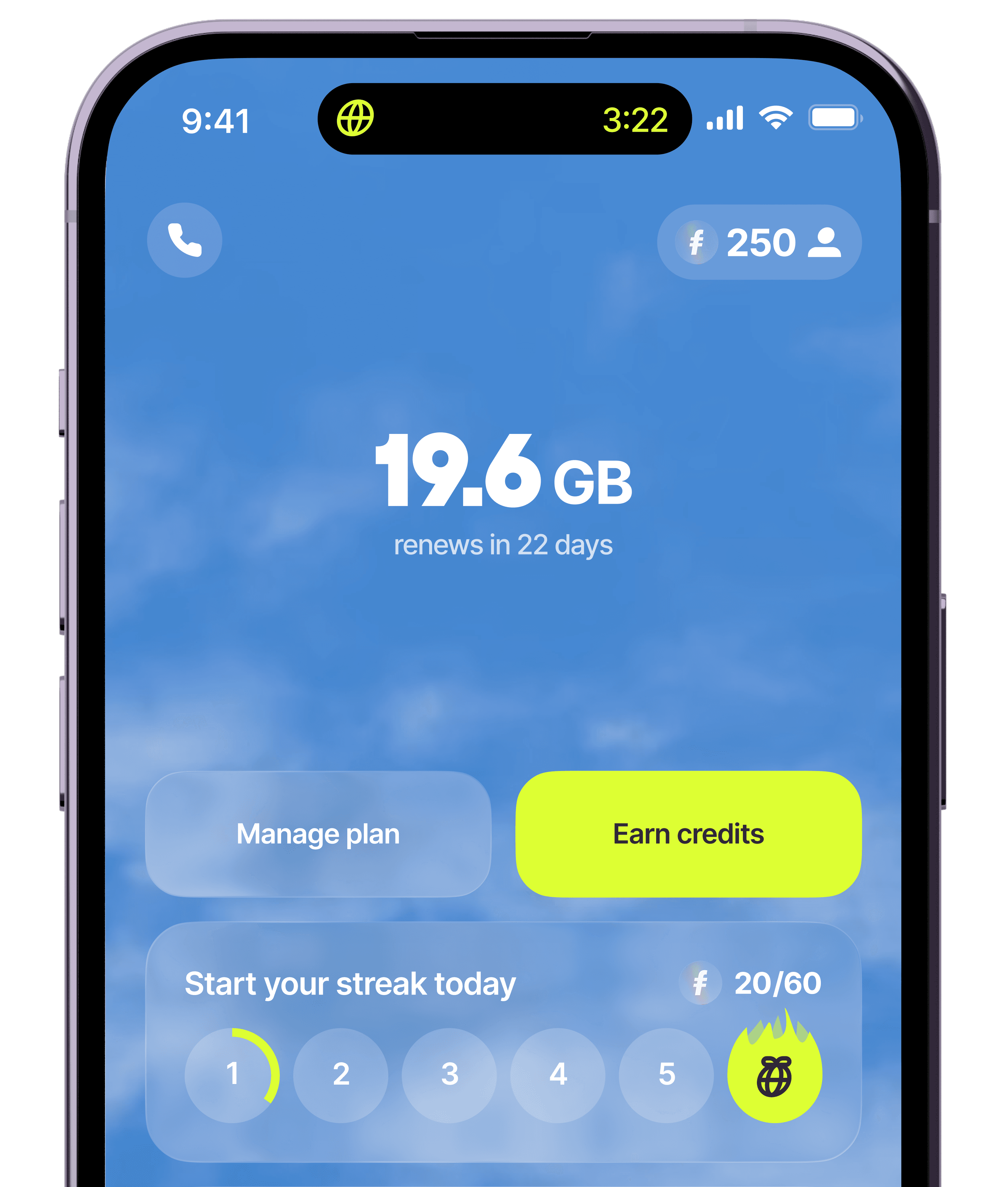 Smartphone screen showing a data usage app with 19.6 GB left, renewal in 22 days. Options to manage plan, earn credits, and start a streak.