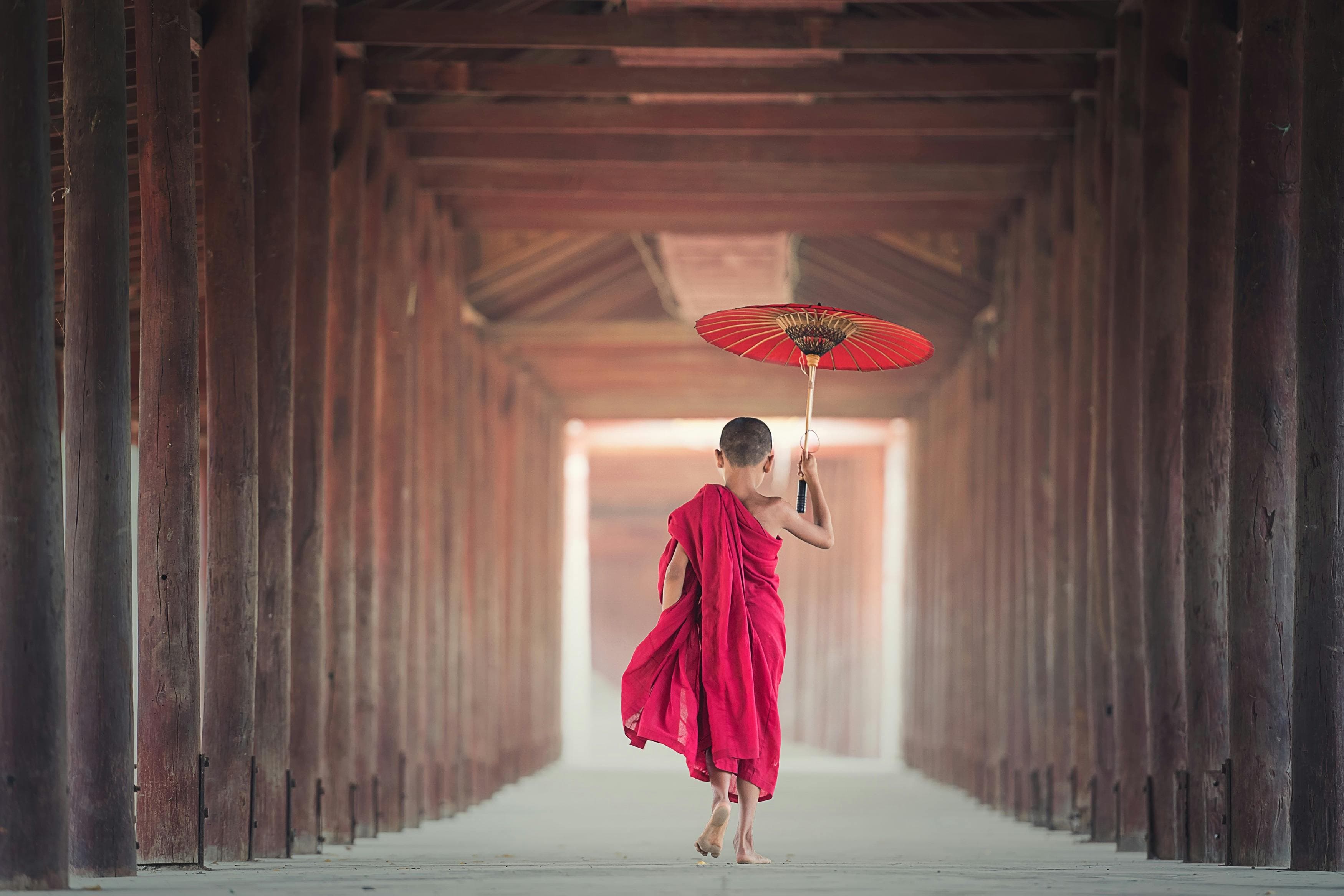 A young monk in a red robe walks through a wooden corridor, holding a red parasol above his head.
