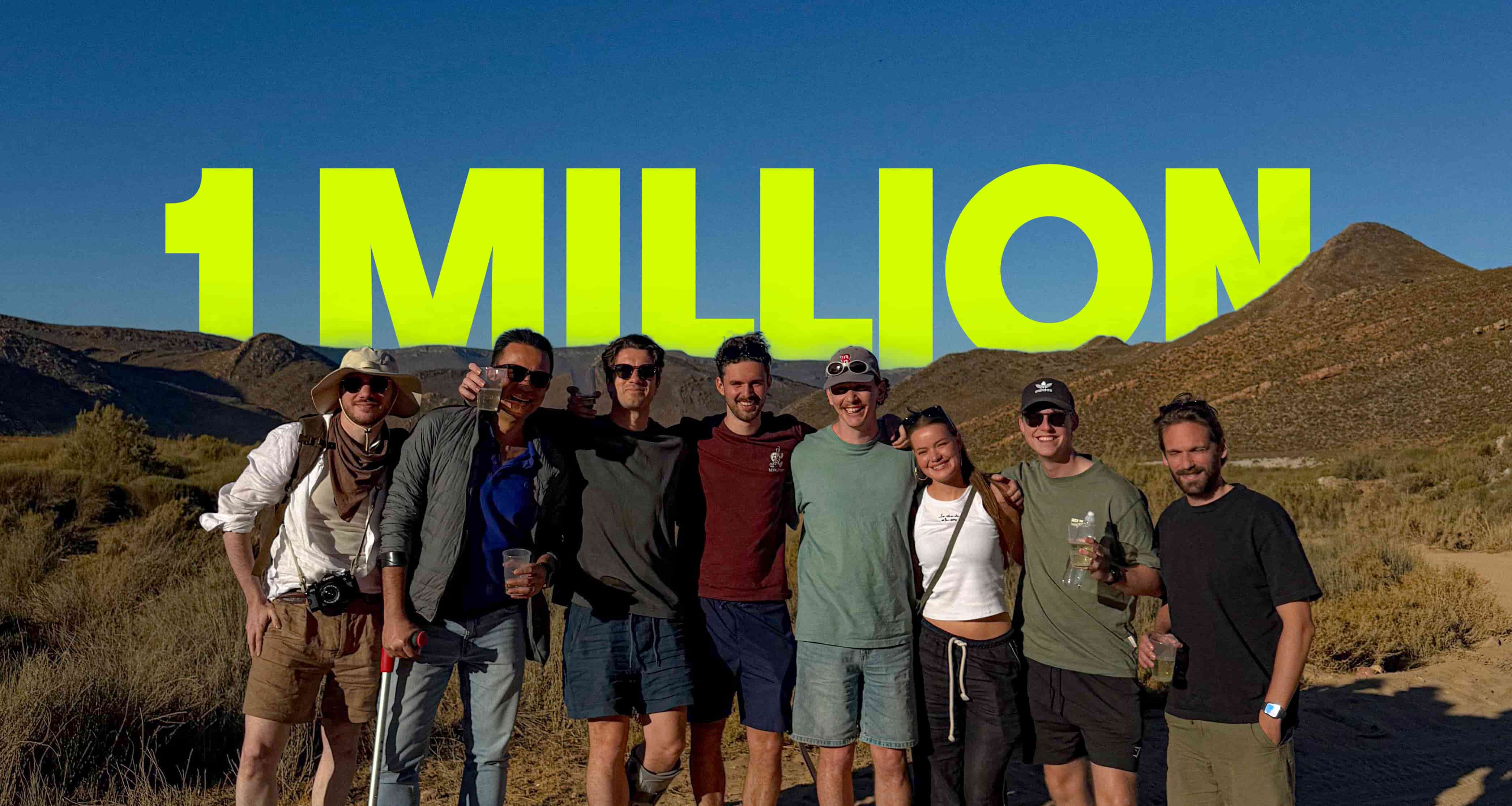 Firsty team celebrating reaching 1 million users in the desert