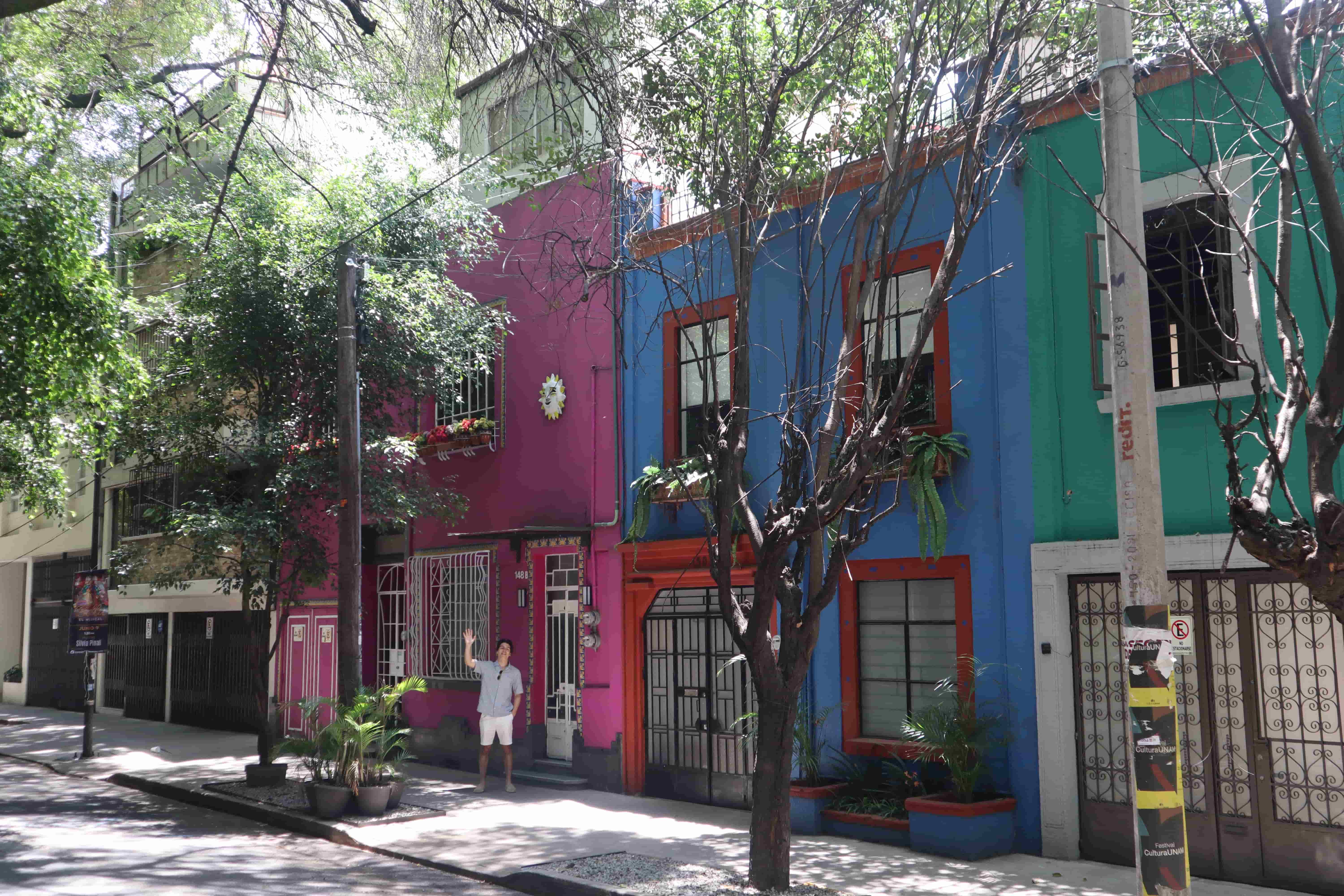 Vibrant pink, blue, and green façade townhouses on a tree‑lined street in the Roma Norte neighborhood of Mexico City, with a pedestrian waving on the sidewalk