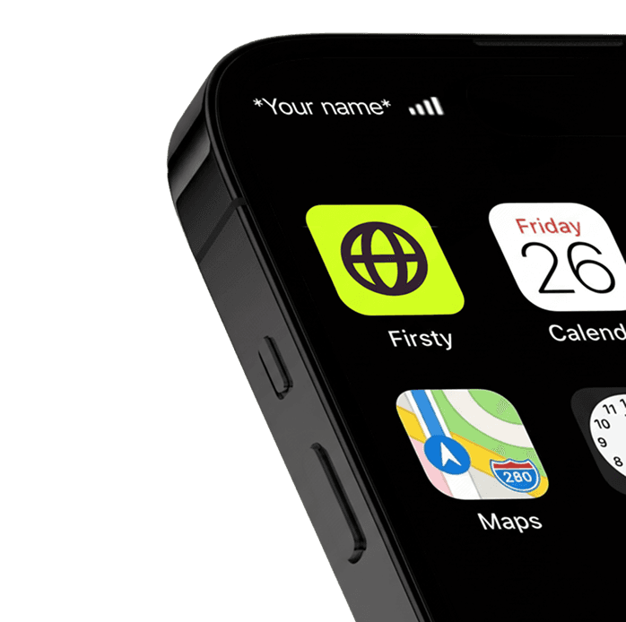 Phone home screen showing a white-label carrier name powered by Firsty