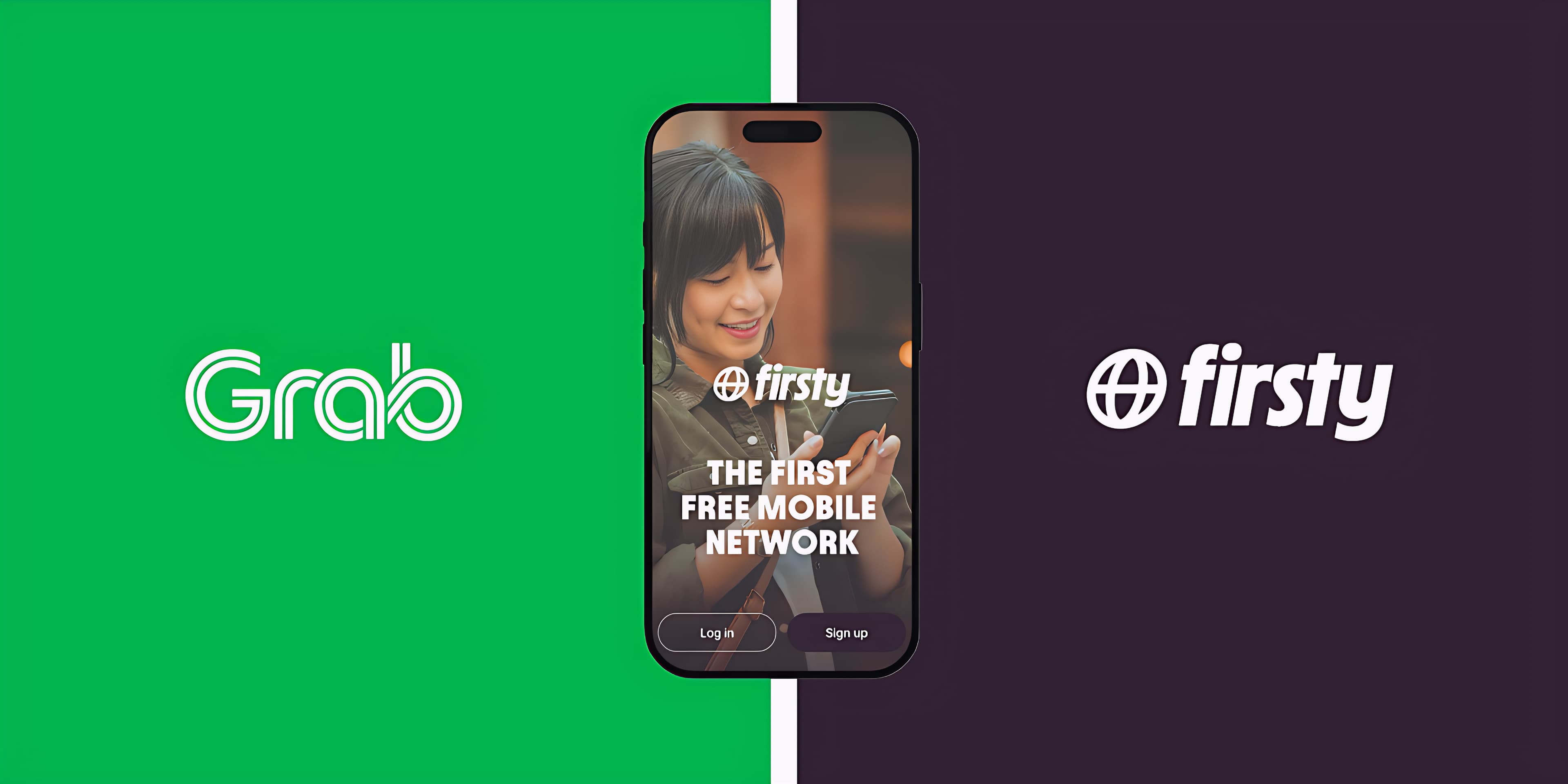Split image: Left side shows the Grab logo on a green background; right side shows a phone with the Firsty logo and "The First Free Mobile Network."