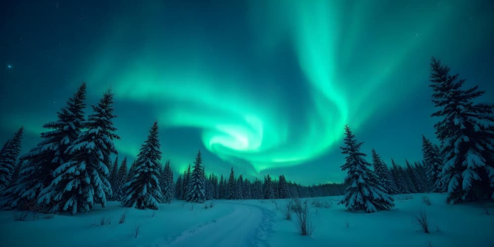 Northern lights over a snow-covered forest in Norway