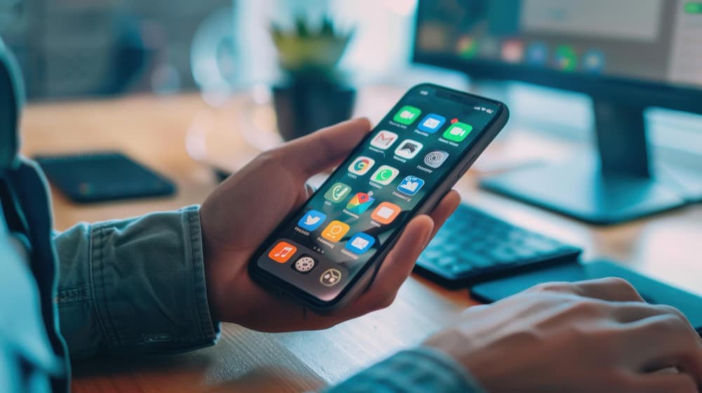 Person holding a smartphone showing its home screen at a desk