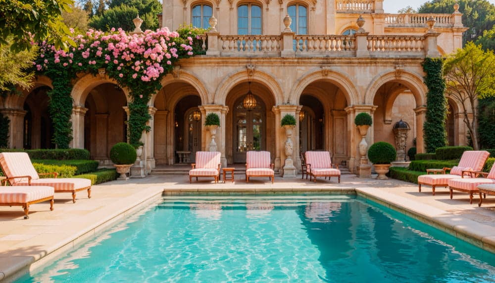 Elegant Mediterranean style villa with arched stone architecture, blooming pink flowers, and sun loungers by a crystal-clear private pool.