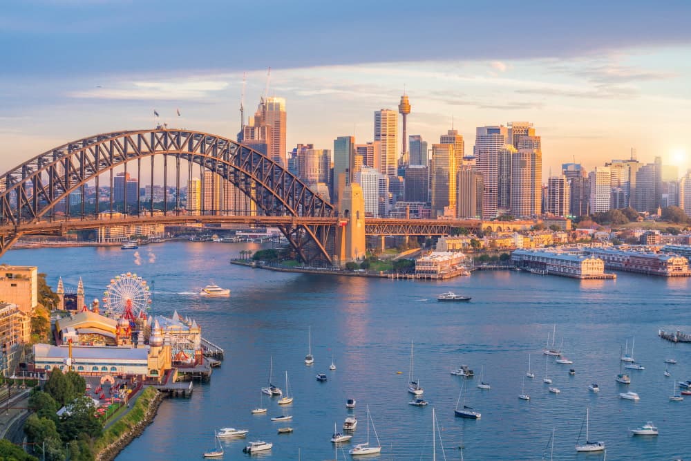 Sydney Harbour Bridge and skyline at sunset for the calling to Australia guide
