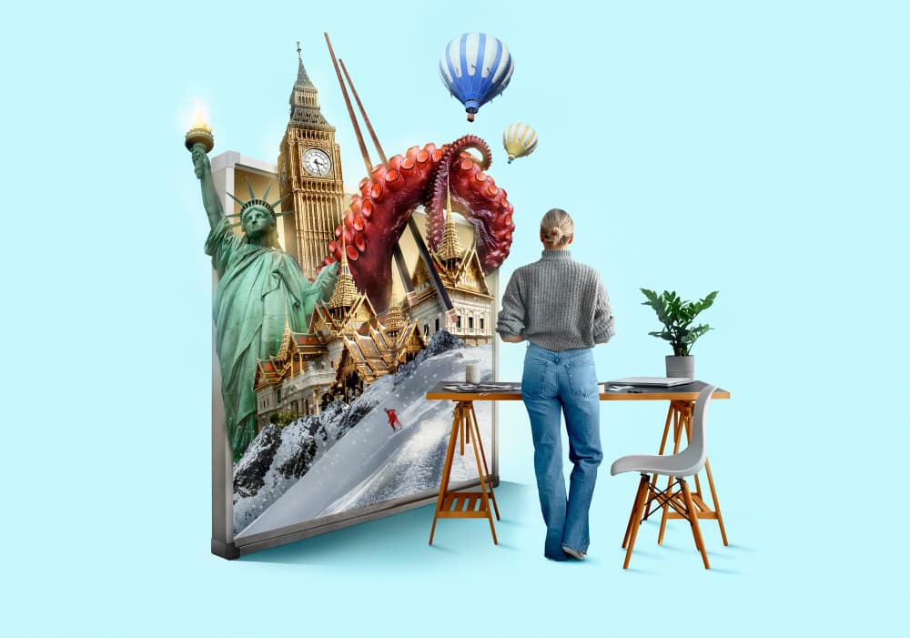 Student imagining travel adventures while preparing to study abroad, featuring global landmarks like Big Ben and the Statue of Liberty.