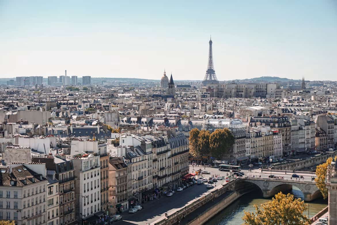 Panoramic view of Paris with the Eiffel Tower in the background, rows of classic buildings, streets, and trees lining the Seine River.