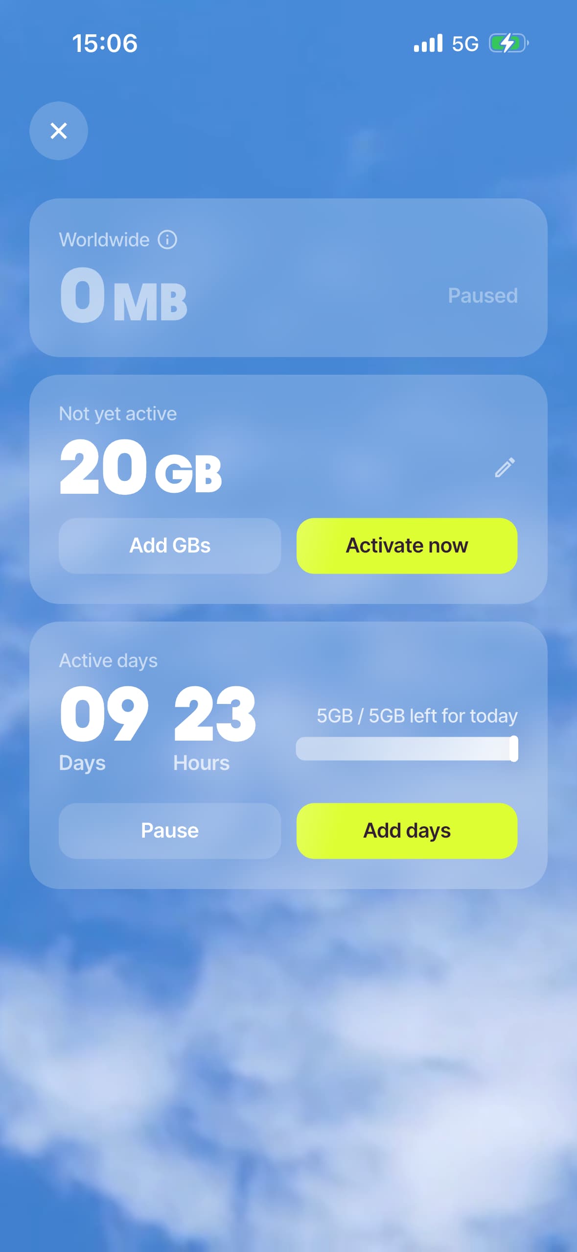 Firsty app plan overview showing active days and data remaining