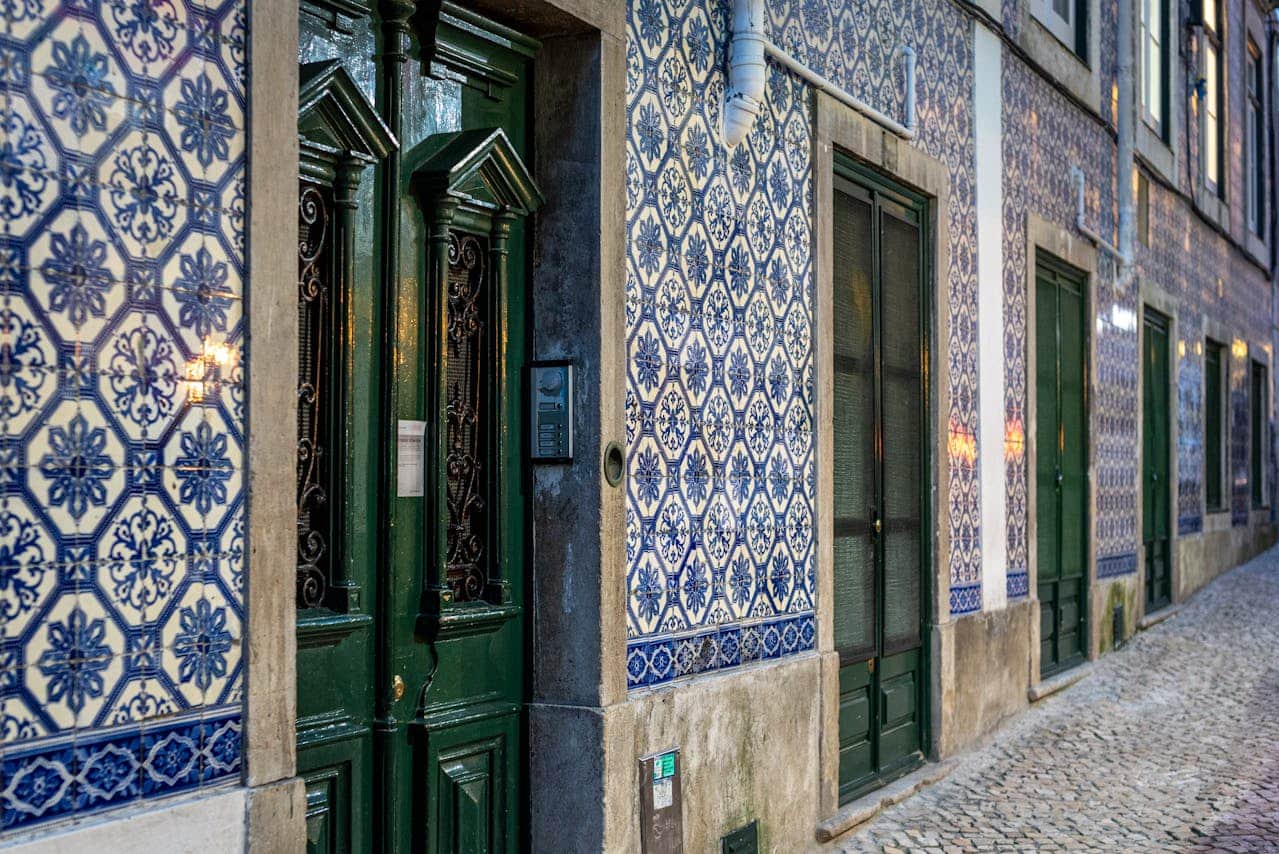 A shot of azulejos, which decorate the walls of houses in Faro.