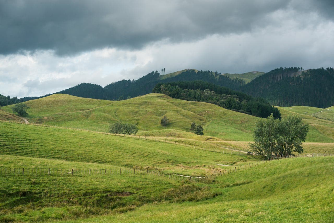Scenic view of rolling green hills and a cloudy sky in a rural countryside landscape.