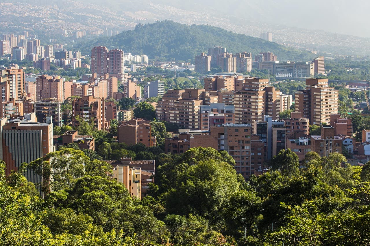 Cityscape with numerous brown high-rise buildings surrounded by lush green trees, with a hazy hill in the background under a cloudy sky.