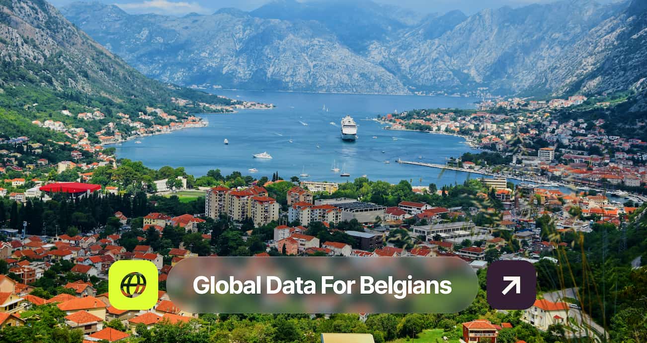 A scenic mountain bay with a cruise ship in the water, surrounded by a coastal town. Text overlay: "Global Data For Belgians."