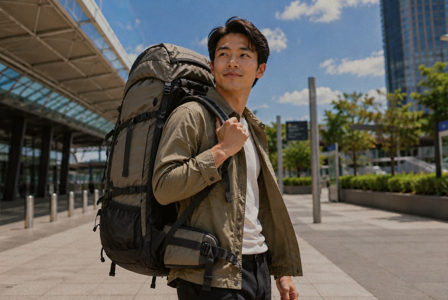 Traveler with a backpack walking outside an airport terminal