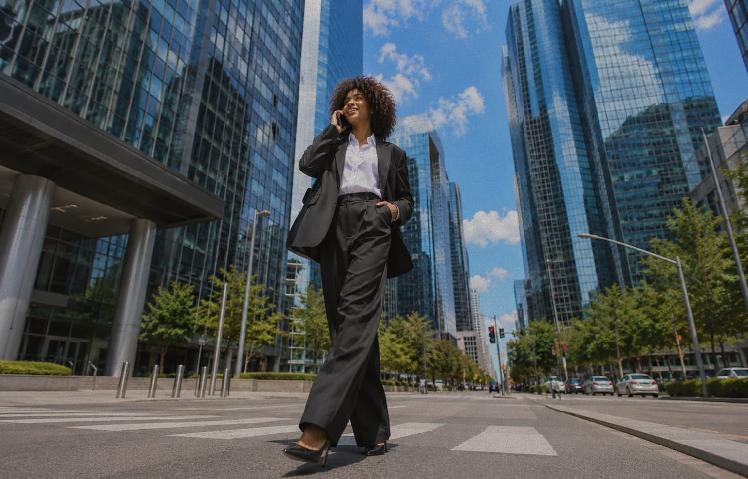 Businesswoman on a phone call walking through a city business district