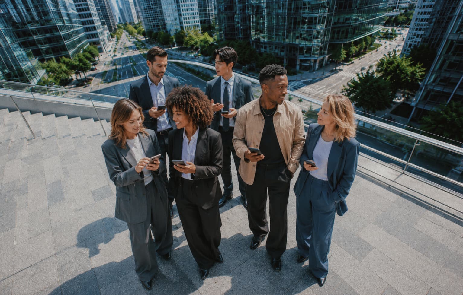 Colleagues checking their phones outside an office building