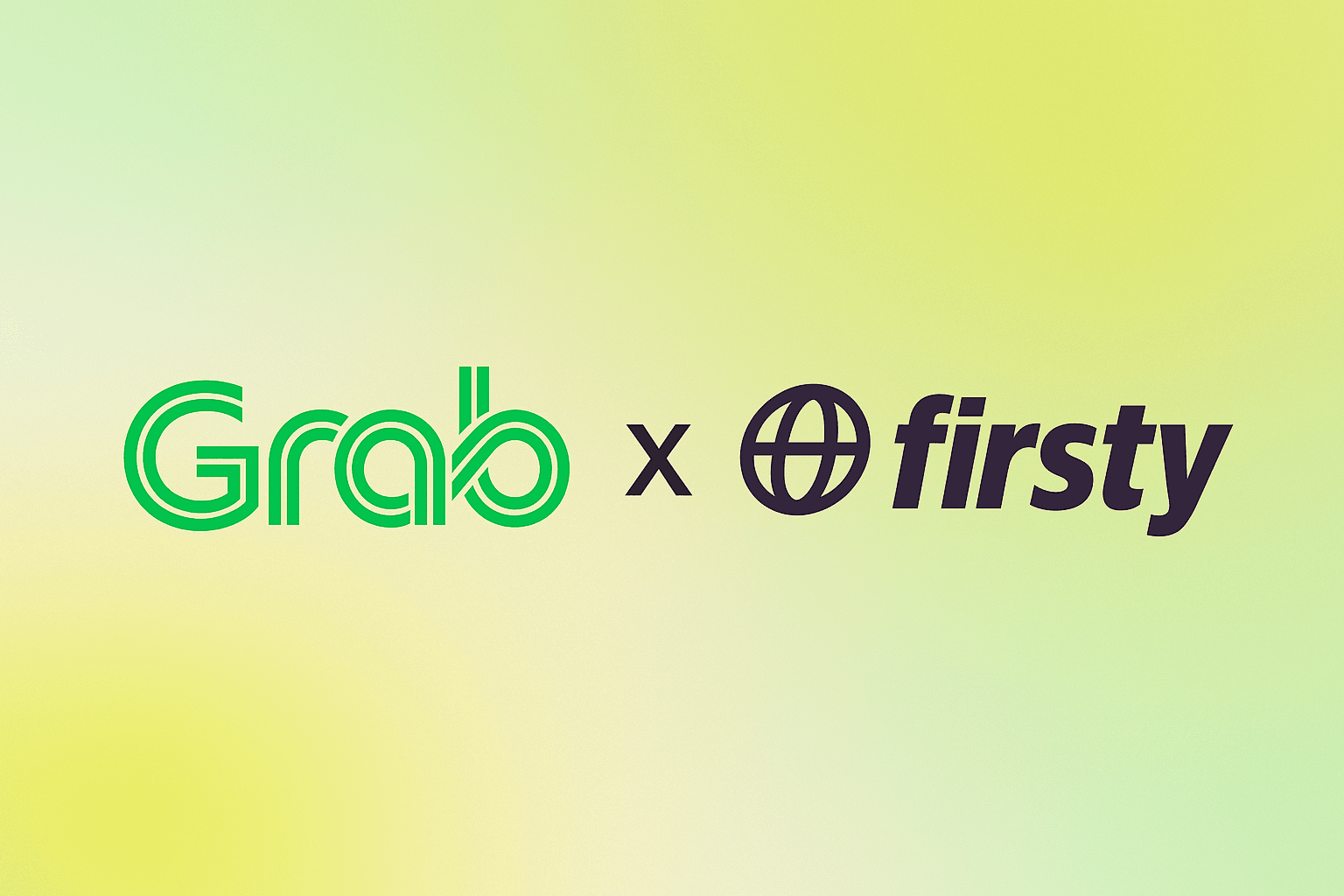 Logos of "Grab" in green and "firsty" in black with an "x" between them, on a gradient yellow-green background.