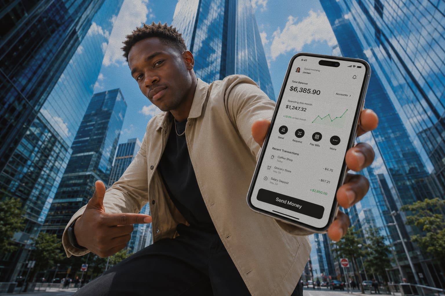 Man showcasing a fintech app's balance screen on his phone