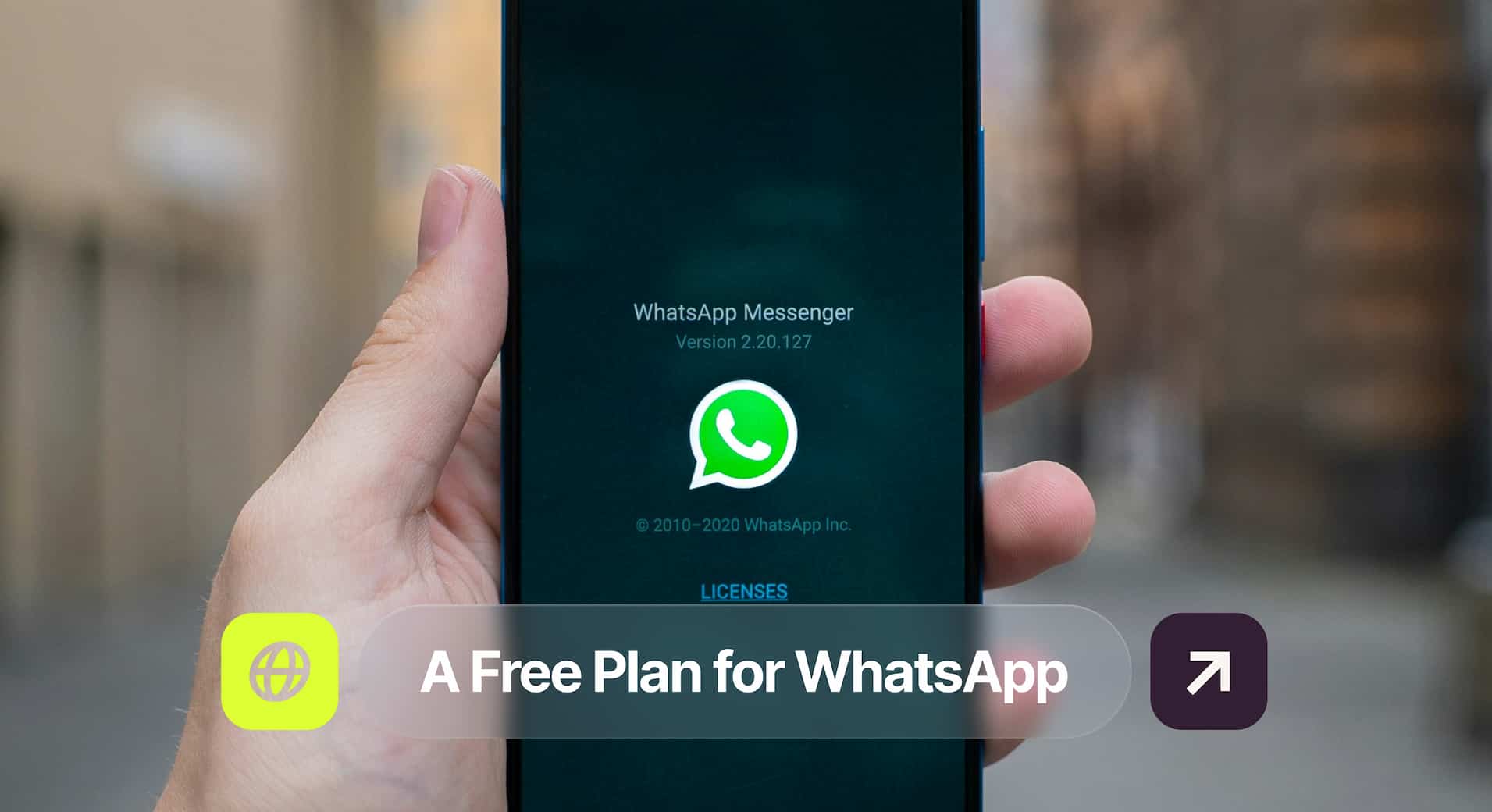 Hand holding a smartphone displaying WhatsApp Messenger app with overlay text "A Free Plan for WhatsApp".
