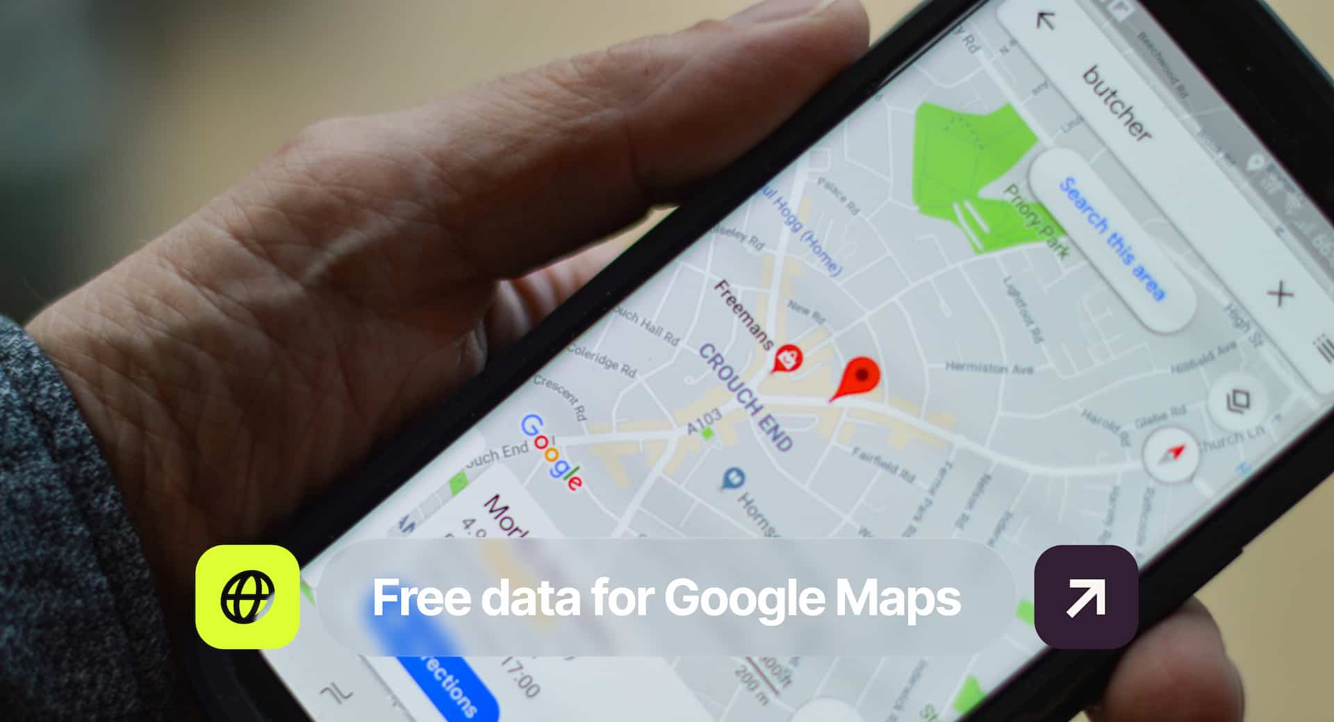 A person holds a smartphone displaying a Google Maps screen with a location pin. Text overlay: "Free data for Google Maps."