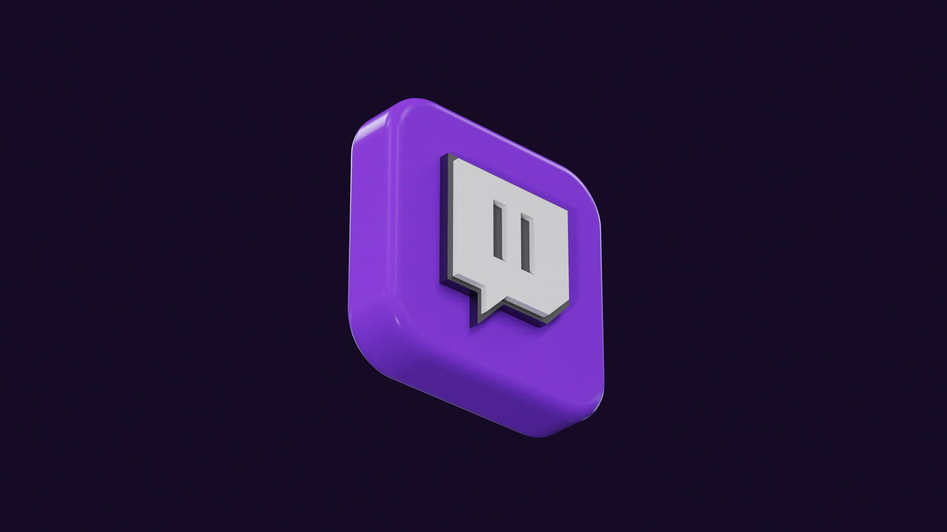 3D Twitch logo on a purple square with a speech bubble design, set against a dark purple background.