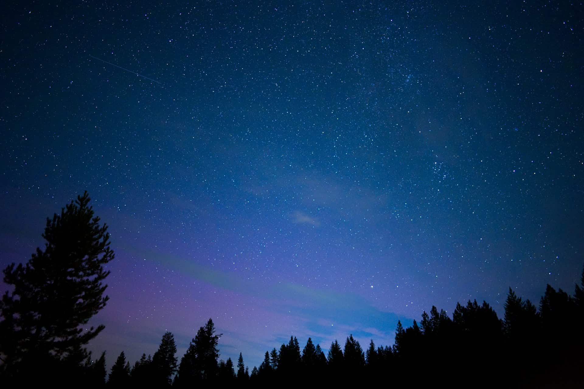 Faint green aurora glow over a starry sky in Idaho