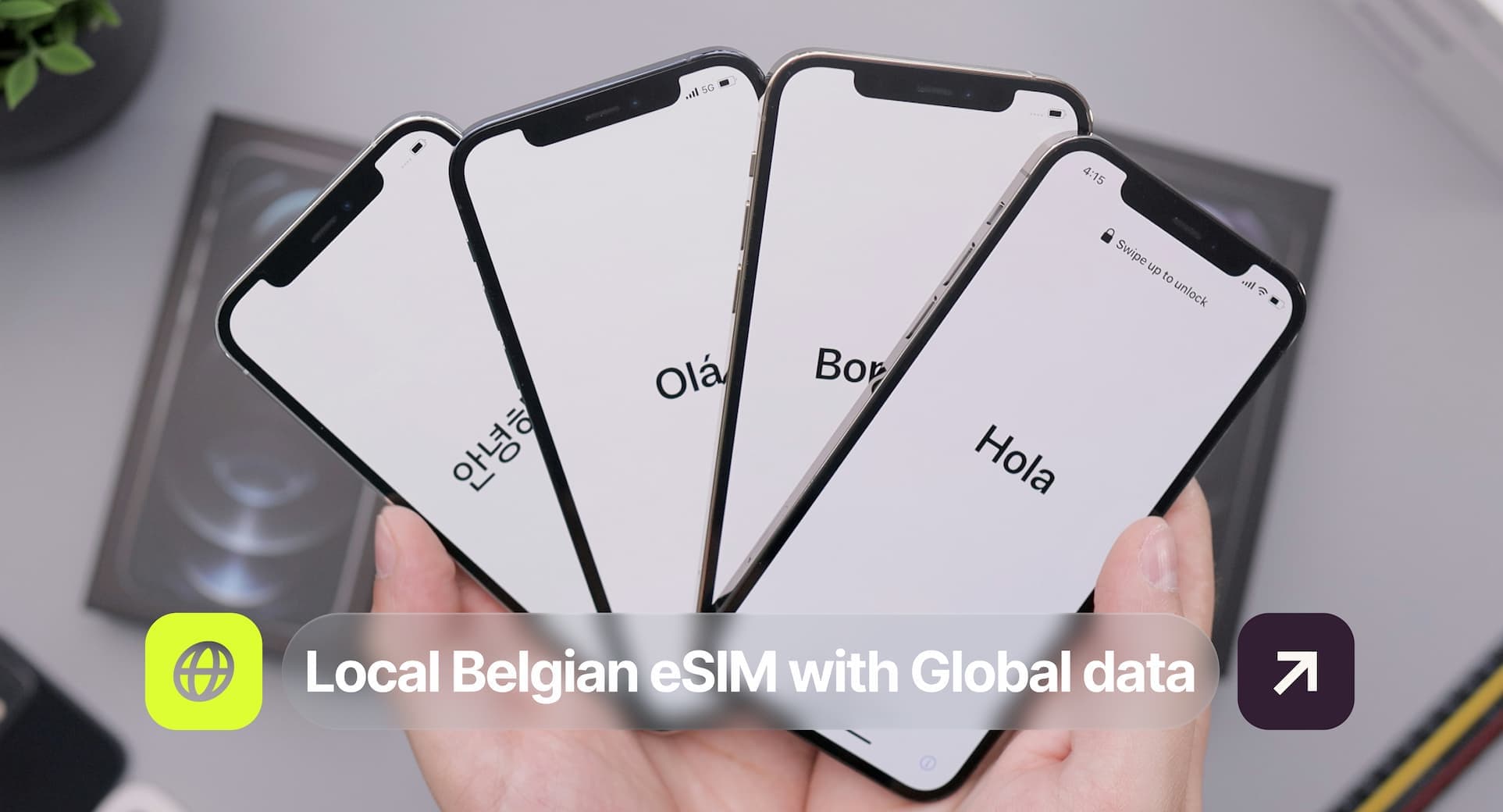 Four smartphones displaying "Hello" in different languages, promoting "Local Belgian eSIM with Global data."