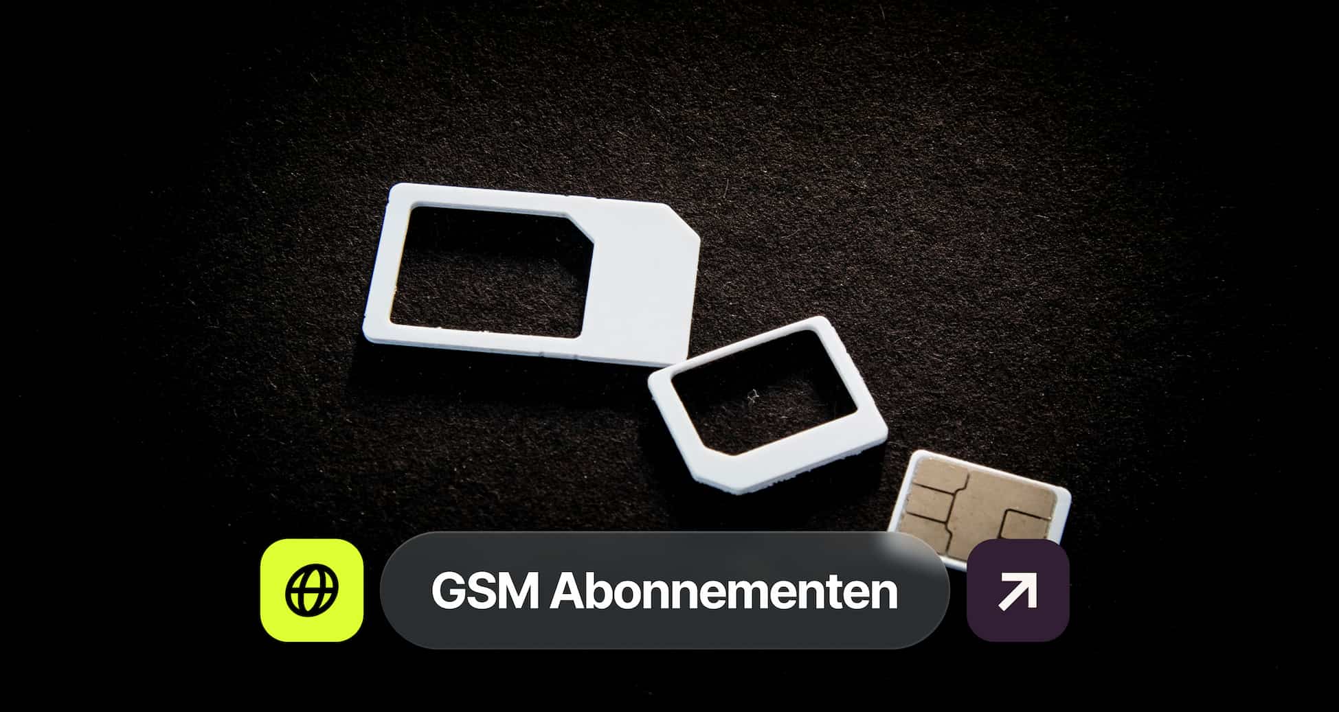 A SIM card and adapters on a dark background, with the text "GSM Abonnementen" and icons below.