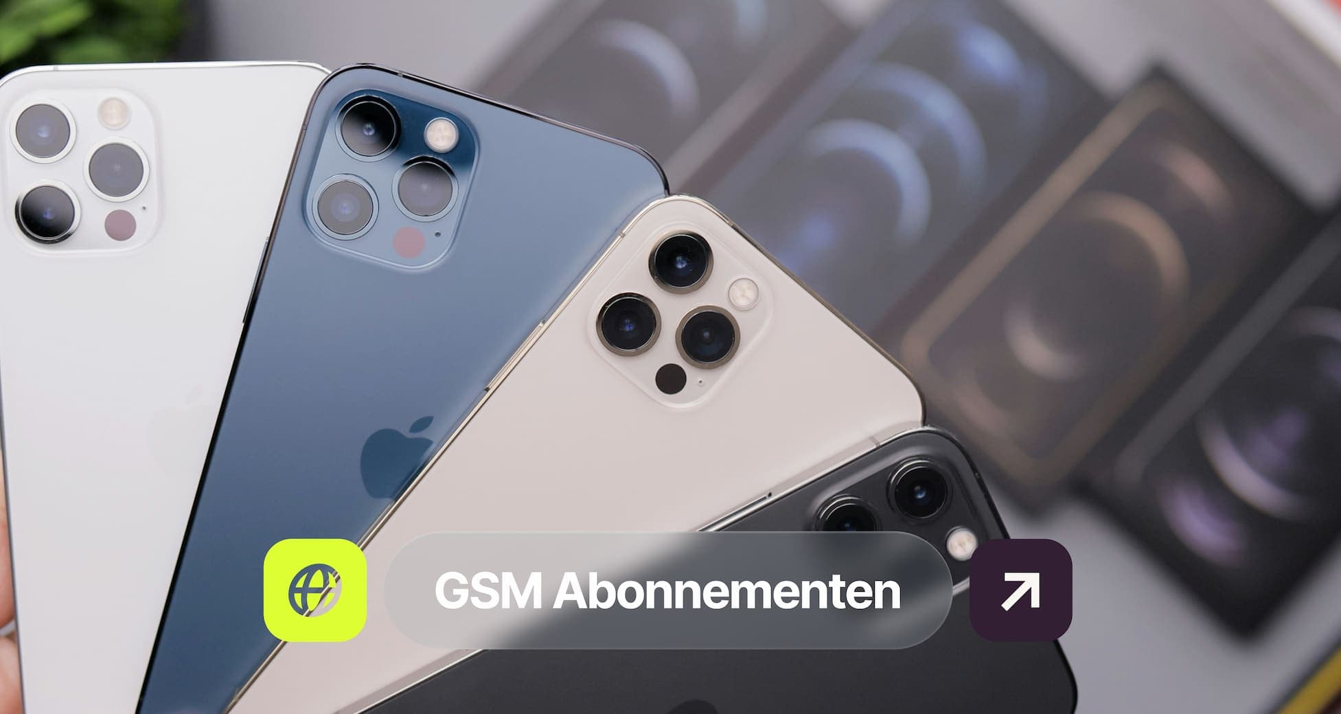 Four smartphones with triple cameras are fanned out, showing their backs. A "GSM Abonnementen" label appears in the foreground.