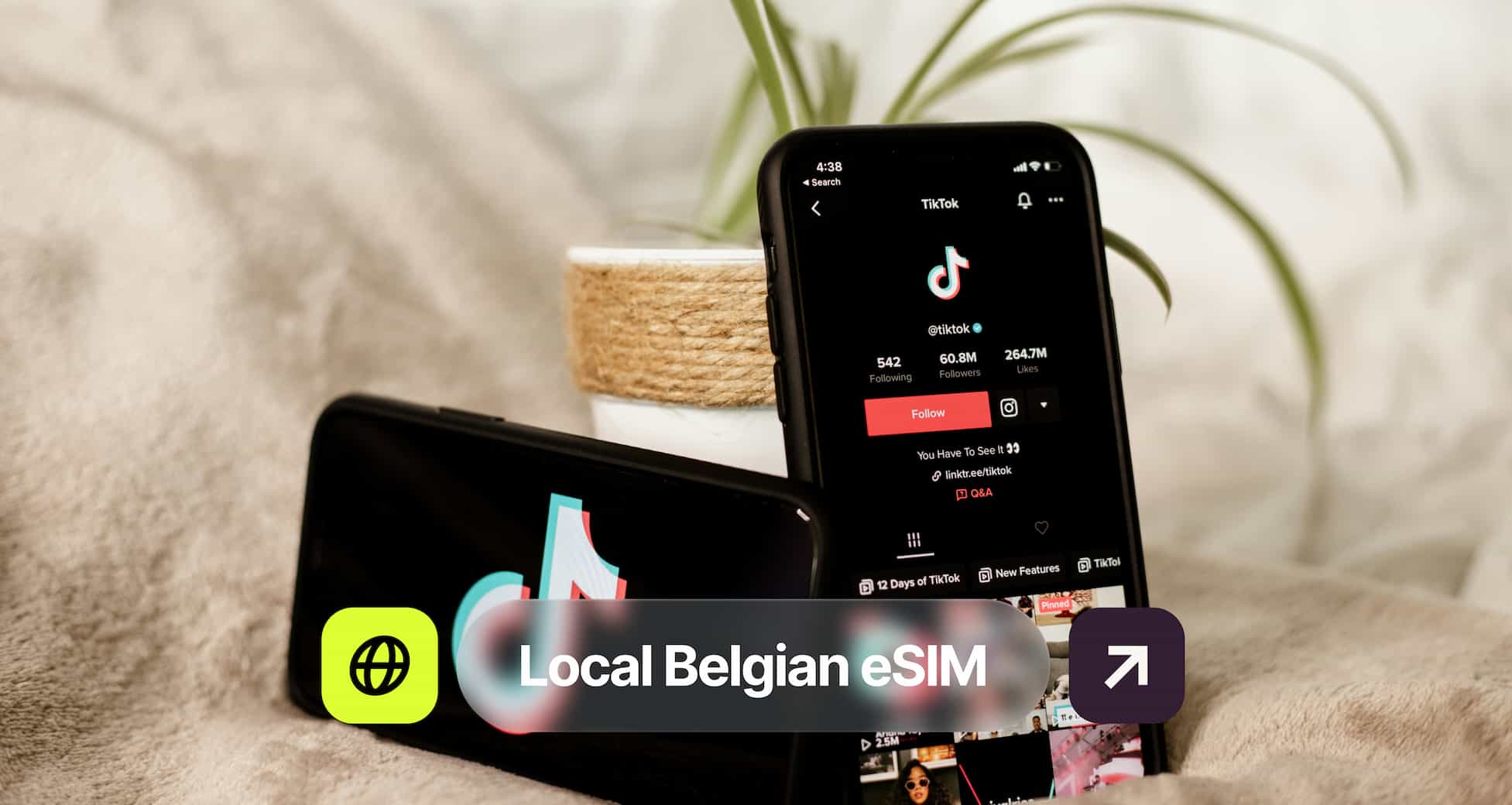 Two smartphones displaying TikTok interface on a cozy blanket, with a "Local Belgian eSIM" overlay in the foreground.