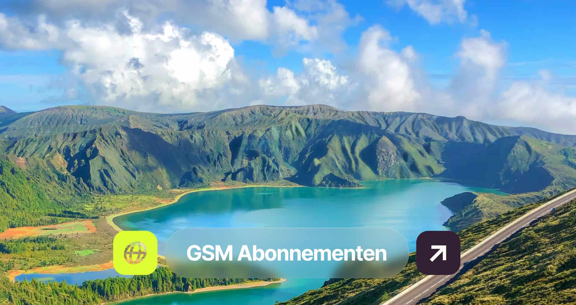 A scenic landscape with a turquoise lake surrounded by green mountains under a partly cloudy sky. Text overlay reads "GSM Abonnementen."