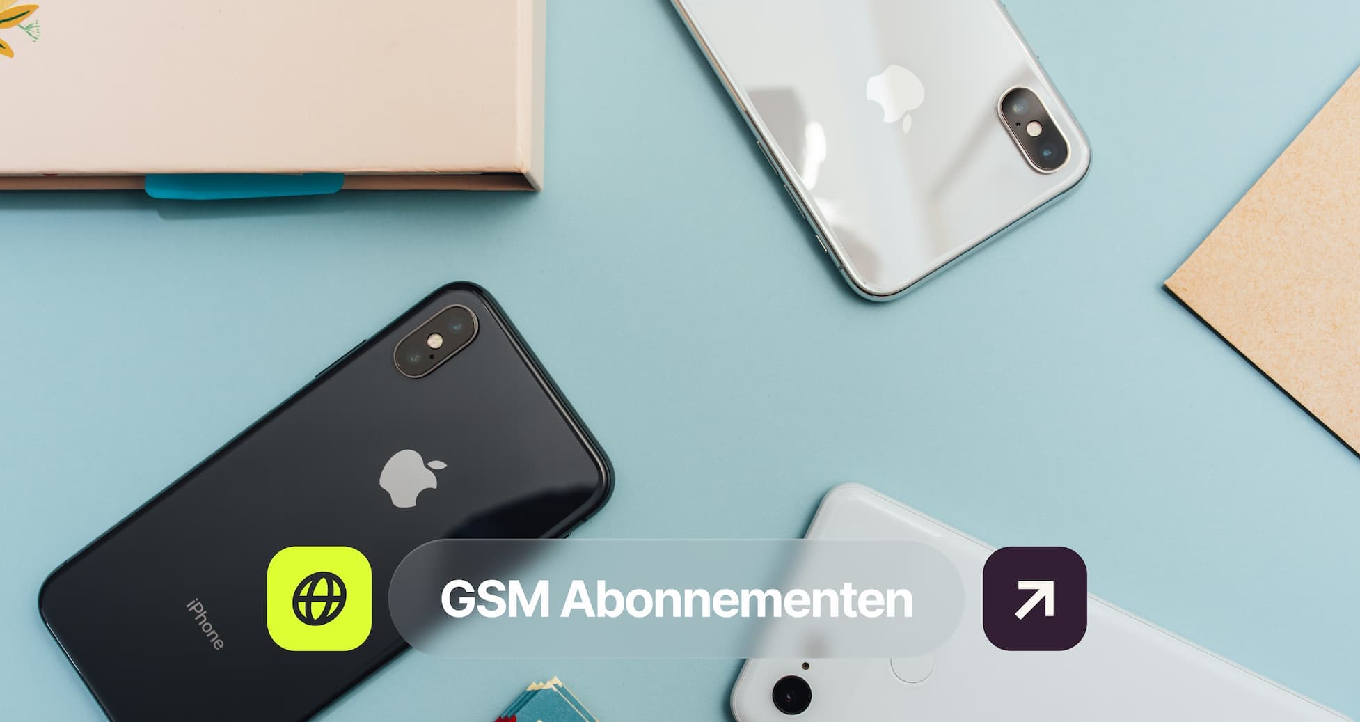 Three smartphones on a blue surface with the text "GSM Abonnementen" overlaid at the bottom.