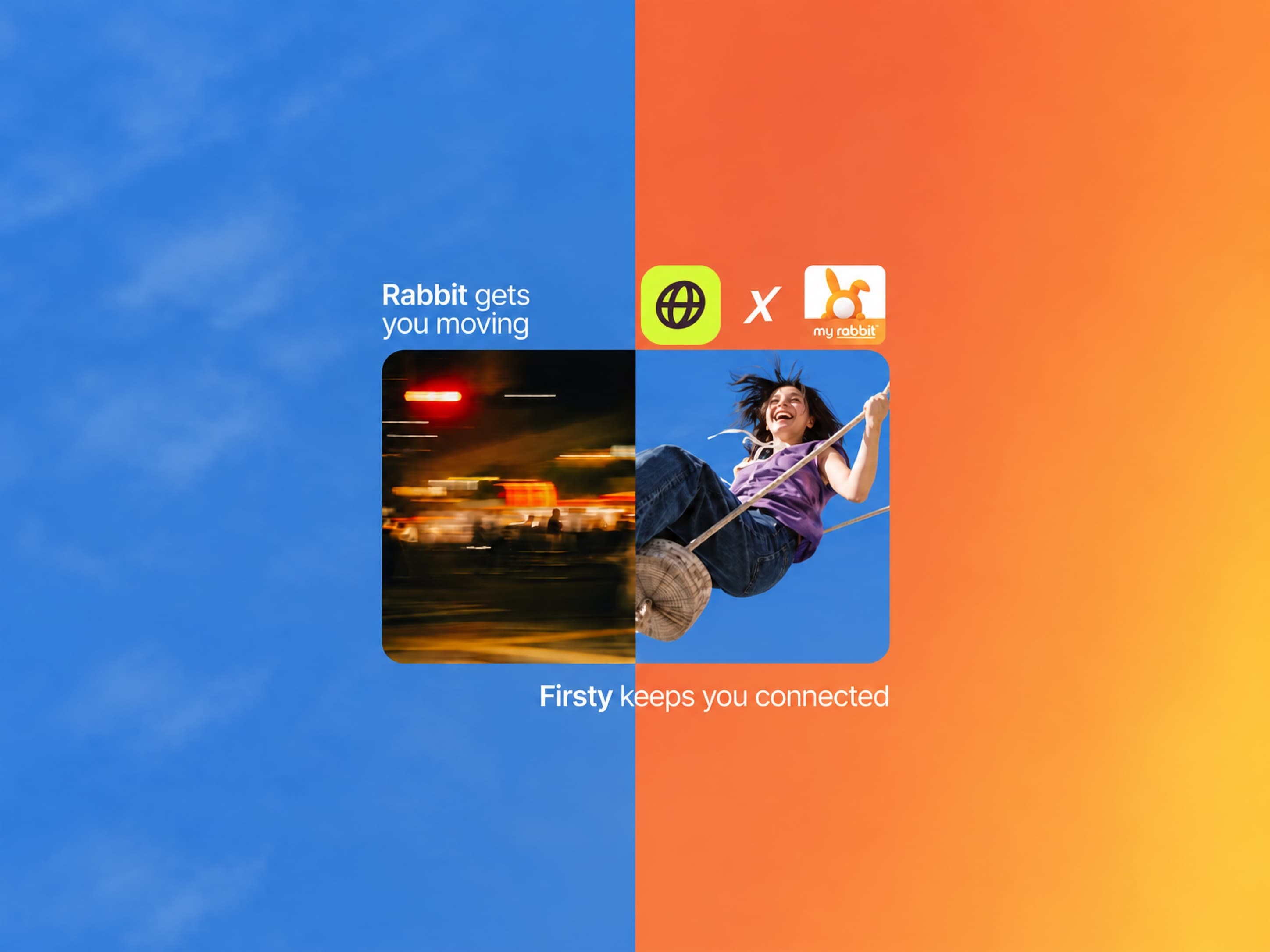 Abstract design with motion blur on the left and a joyful woman on a swing on the right. Text emphasizes connection and movement.